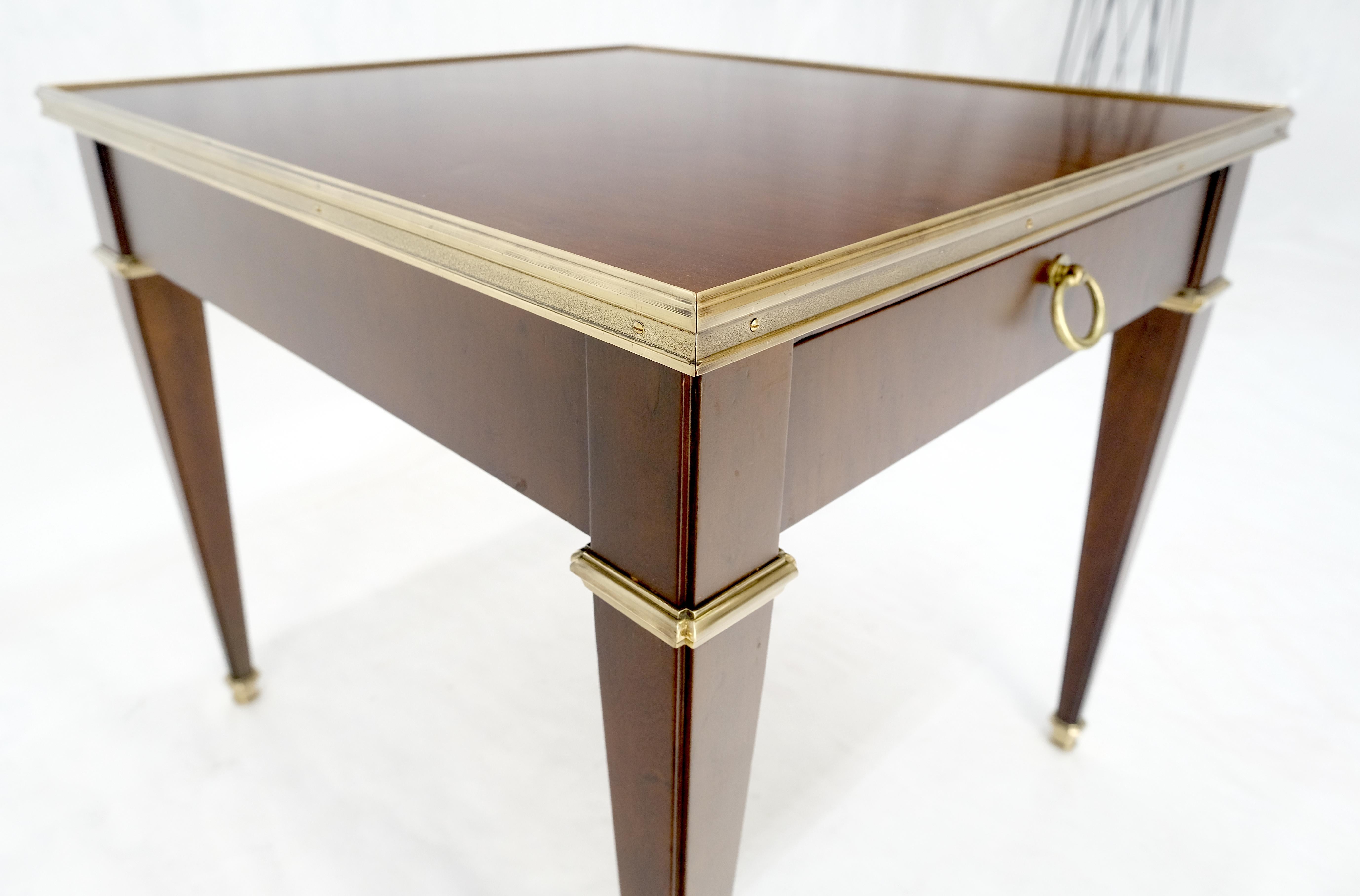 Lacquered Baker Walnut & Brass Ring Drop Pull One Drawer Tapered Leg Side End Table MINT! For Sale