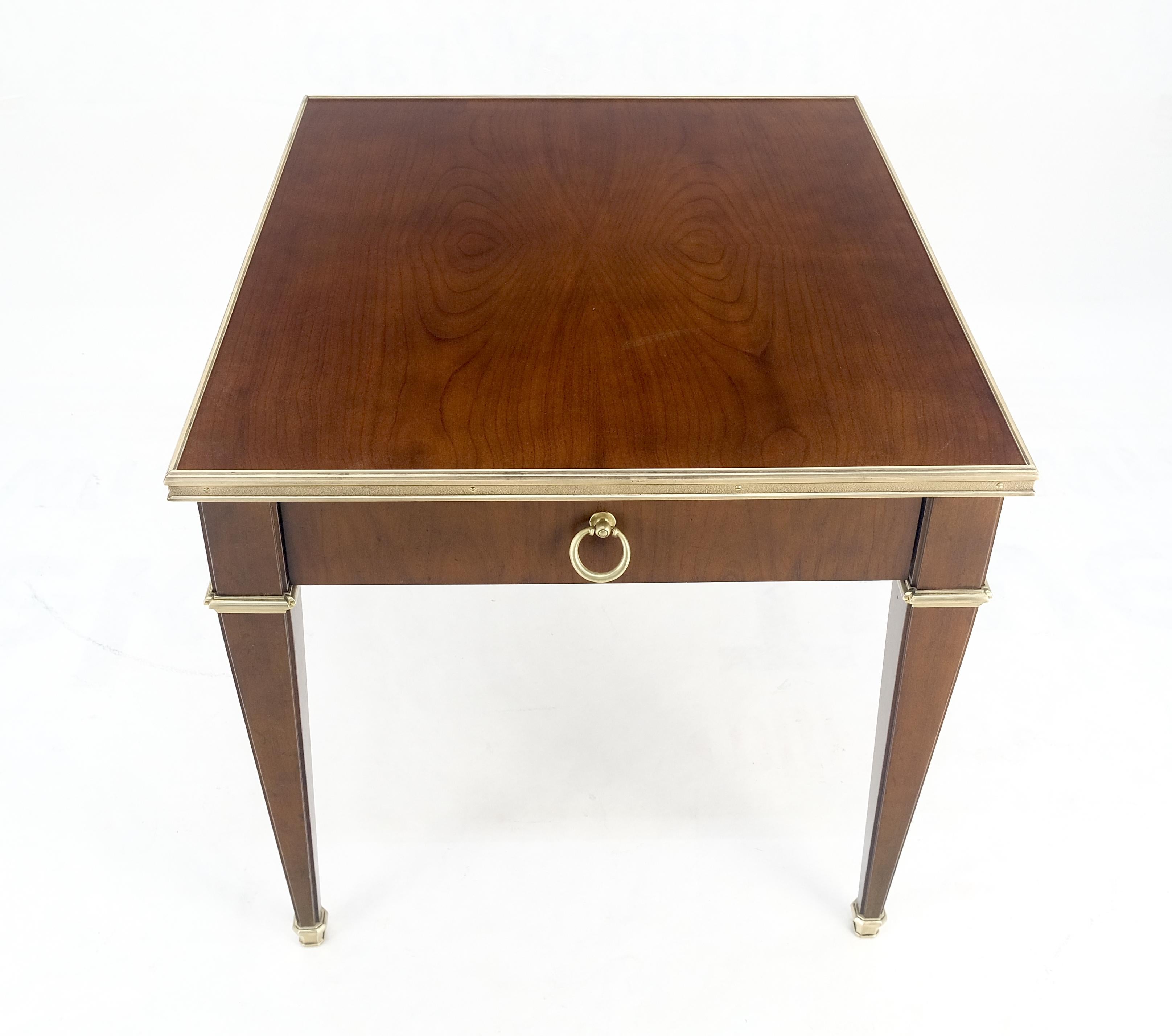 Baker Walnut & Brass Ring Drop Pull One Drawer Tapered Leg Side End Table MINT! In Excellent Condition For Sale In Rockaway, NJ