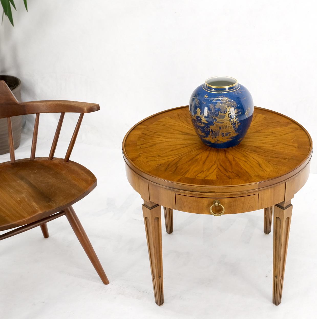 20th Century Baker Walnut Round Sunburst Pattern Gallery Top Drawer Side Lamp Table Stand For Sale