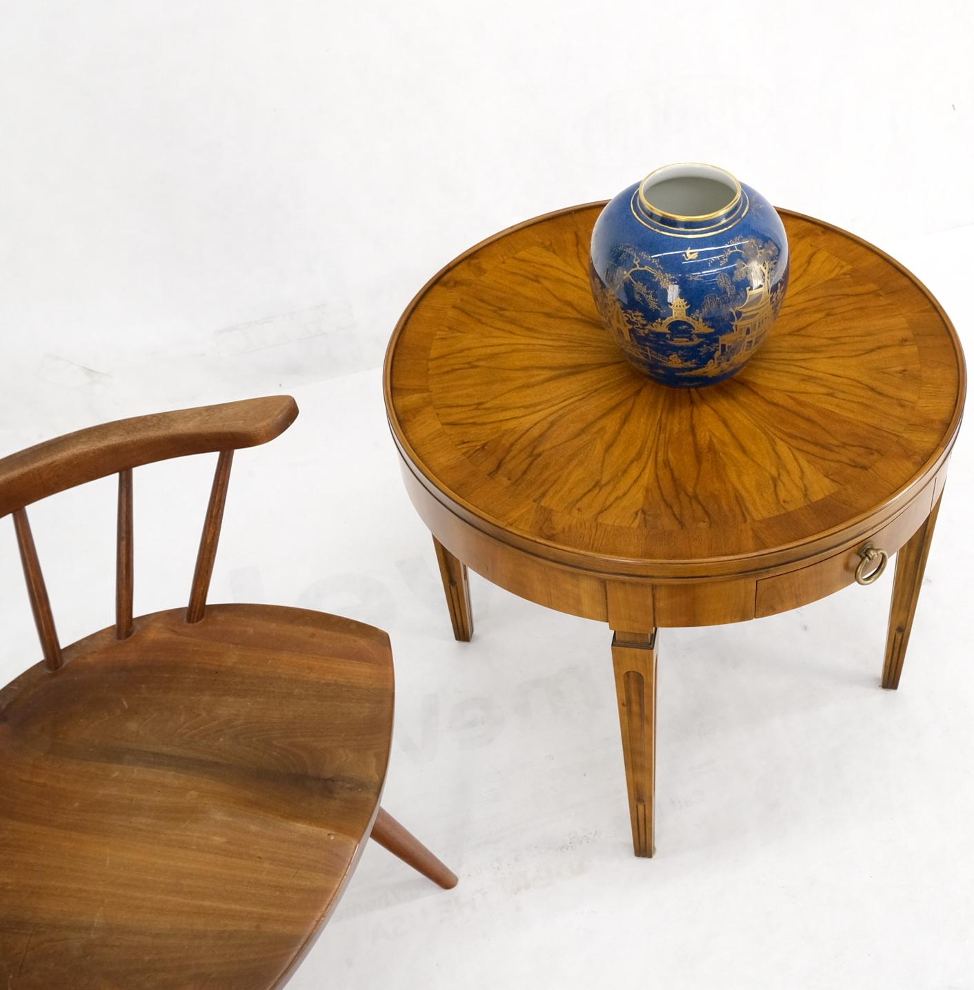 Brass Baker Walnut Round Sunburst Pattern Gallery Top Drawer Side Lamp Table Stand For Sale