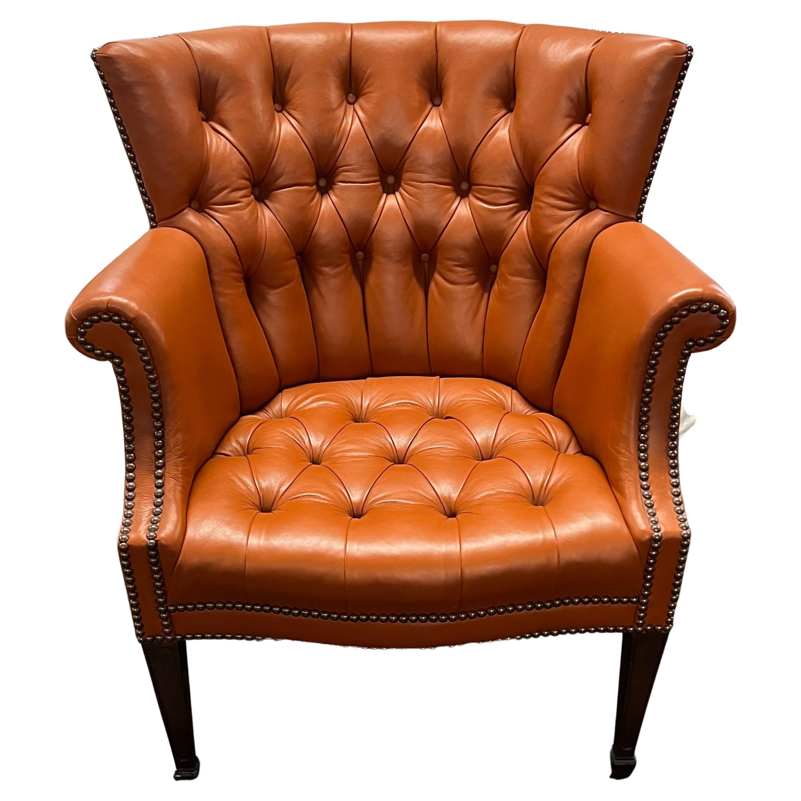 Baker Wing Back Chair in Holly Hunt Spice Colored Leather with Nailhead Trim For Sale