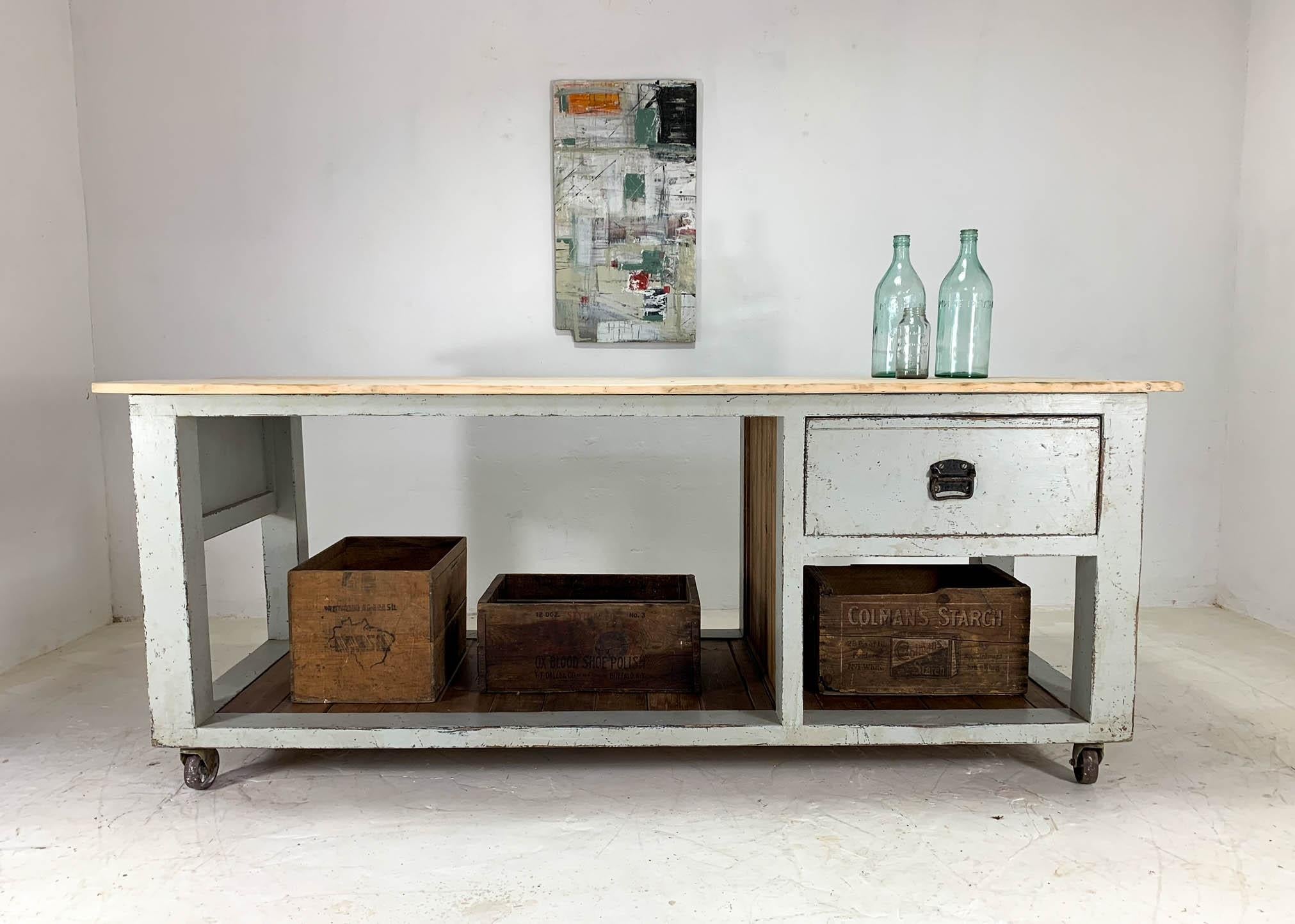 Fabulous kitchen island based on original designs by renowned Baker's tables makers Terrington and Sons, who were based in England during the 1930s-1950s. We have incorporated an original pale hardwood top, drawer and potting boards into a new frame