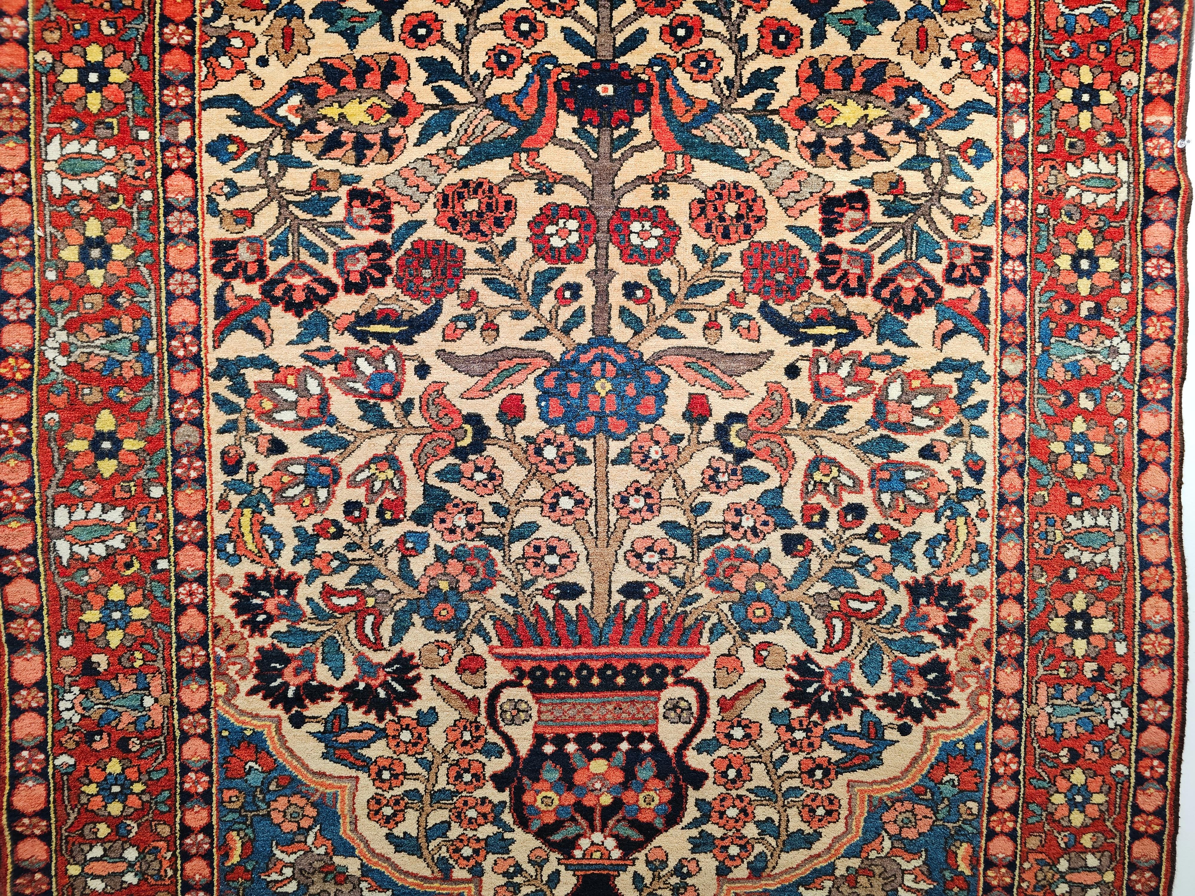 Hand-Knotted 19th Century Persian Bakhtiari Bibibaft in Vase Pattern in Yellow, Red, Blue For Sale