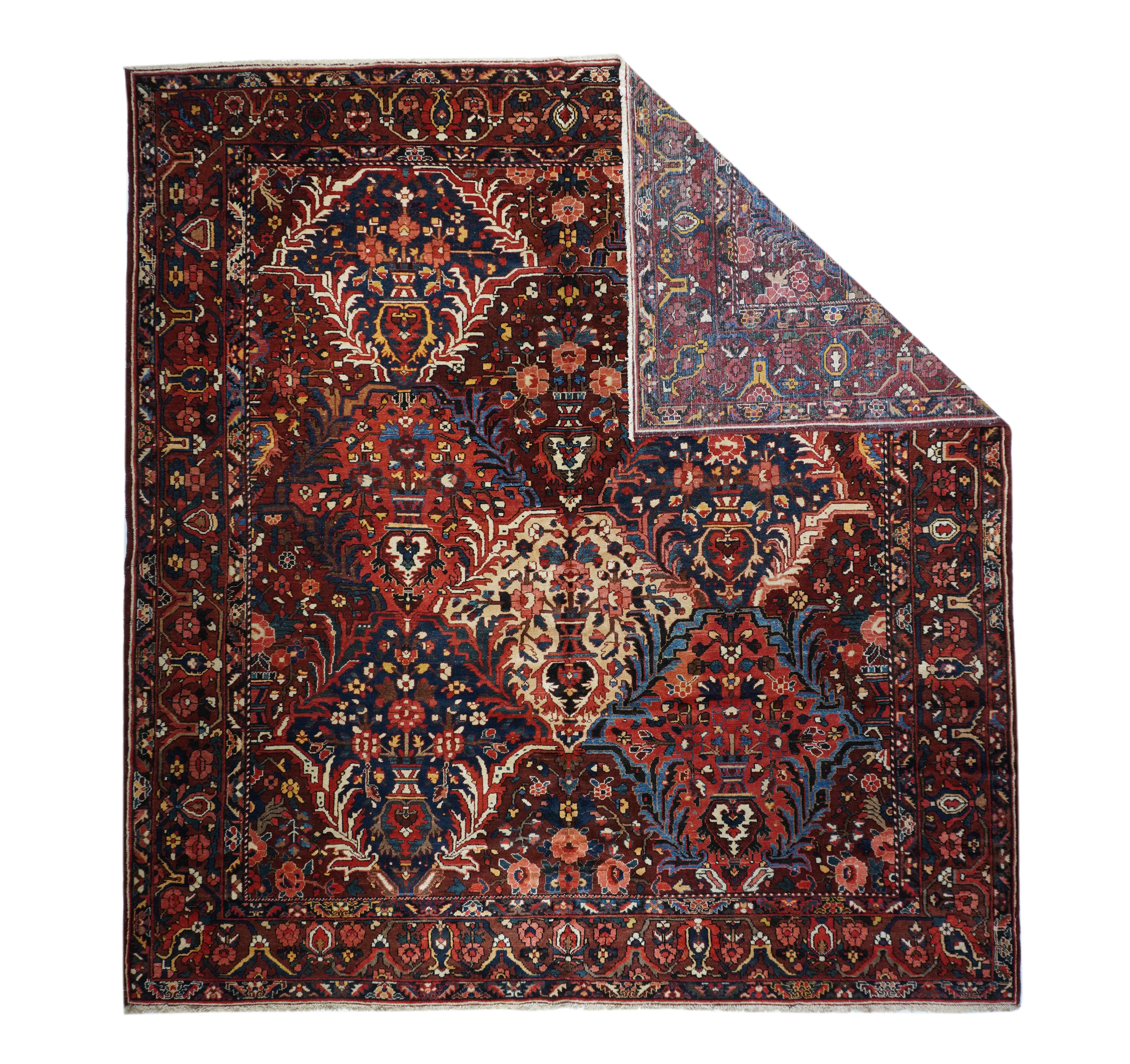 Bakhtiari rug measures 11'2'' x 11'10''.