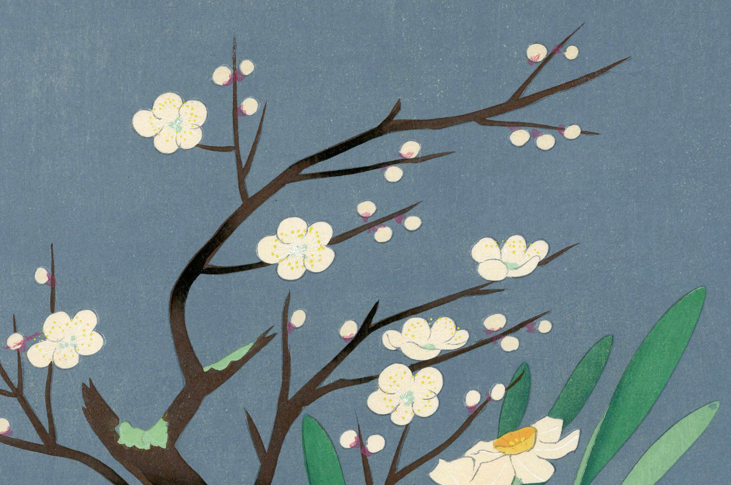 Florero, Camelia roja, ciruela blanca, narcisos blancos y orquídeas - Print de Bakufu Ono