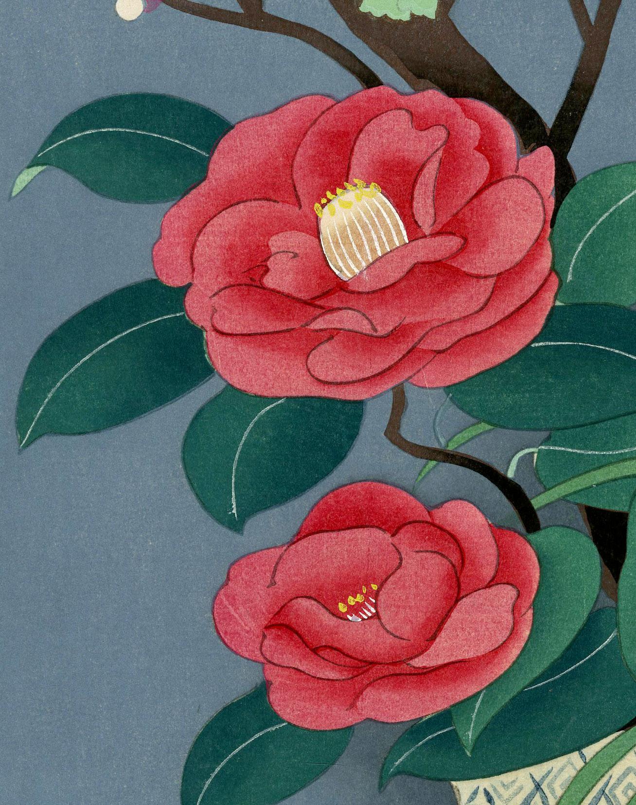 Florero, Camelia roja, ciruela blanca, narcisos blancos y orquídeas - Print Otro estilo de arte de Bakufu Ono
