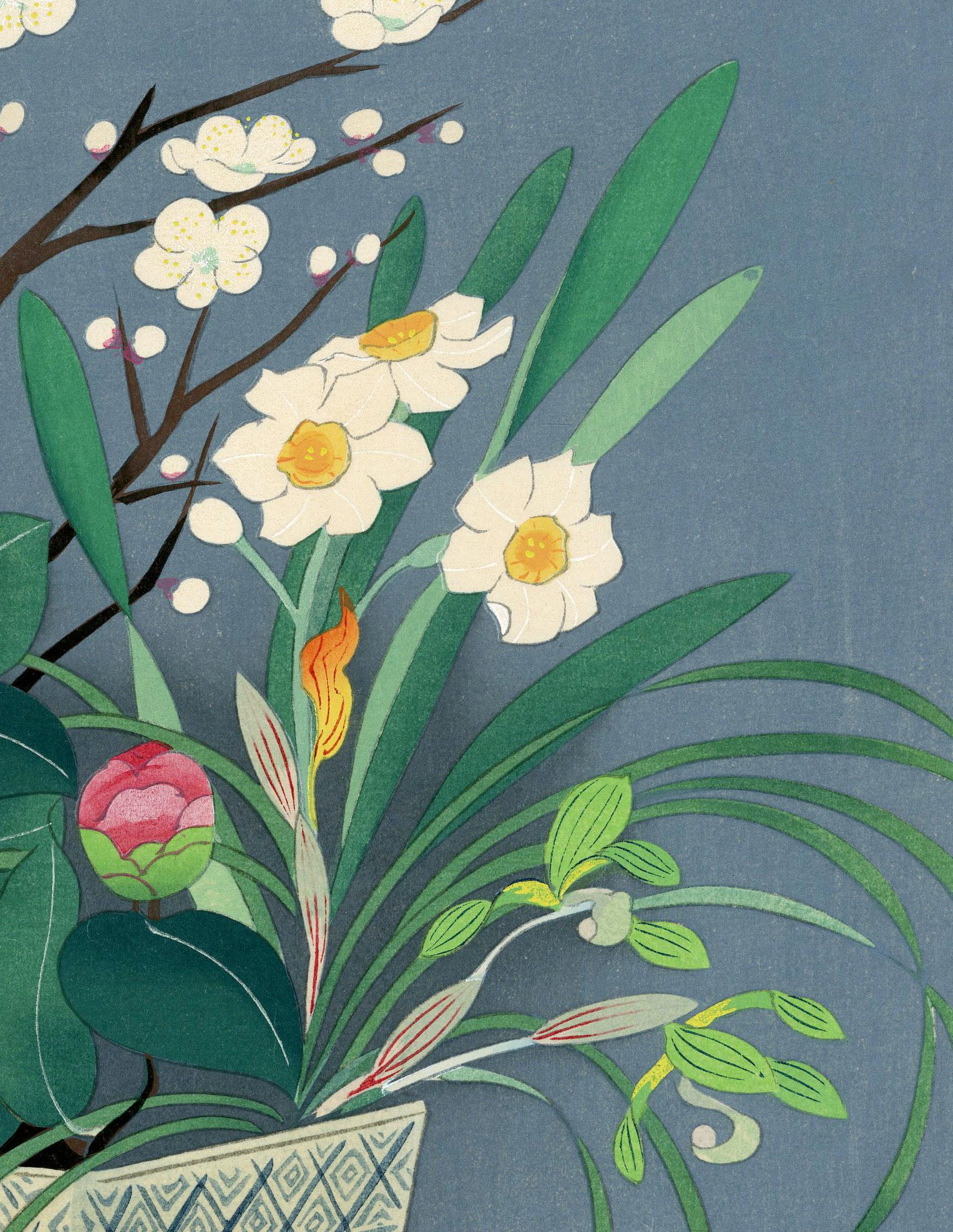 Florero, Camelia roja, ciruela blanca, narcisos blancos y orquídeas - Still-Life Print Gris de Bakufu Ono