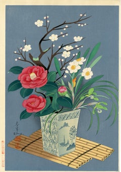 Flower Vase, Red Camellia, white plum, white daffodils and orchids