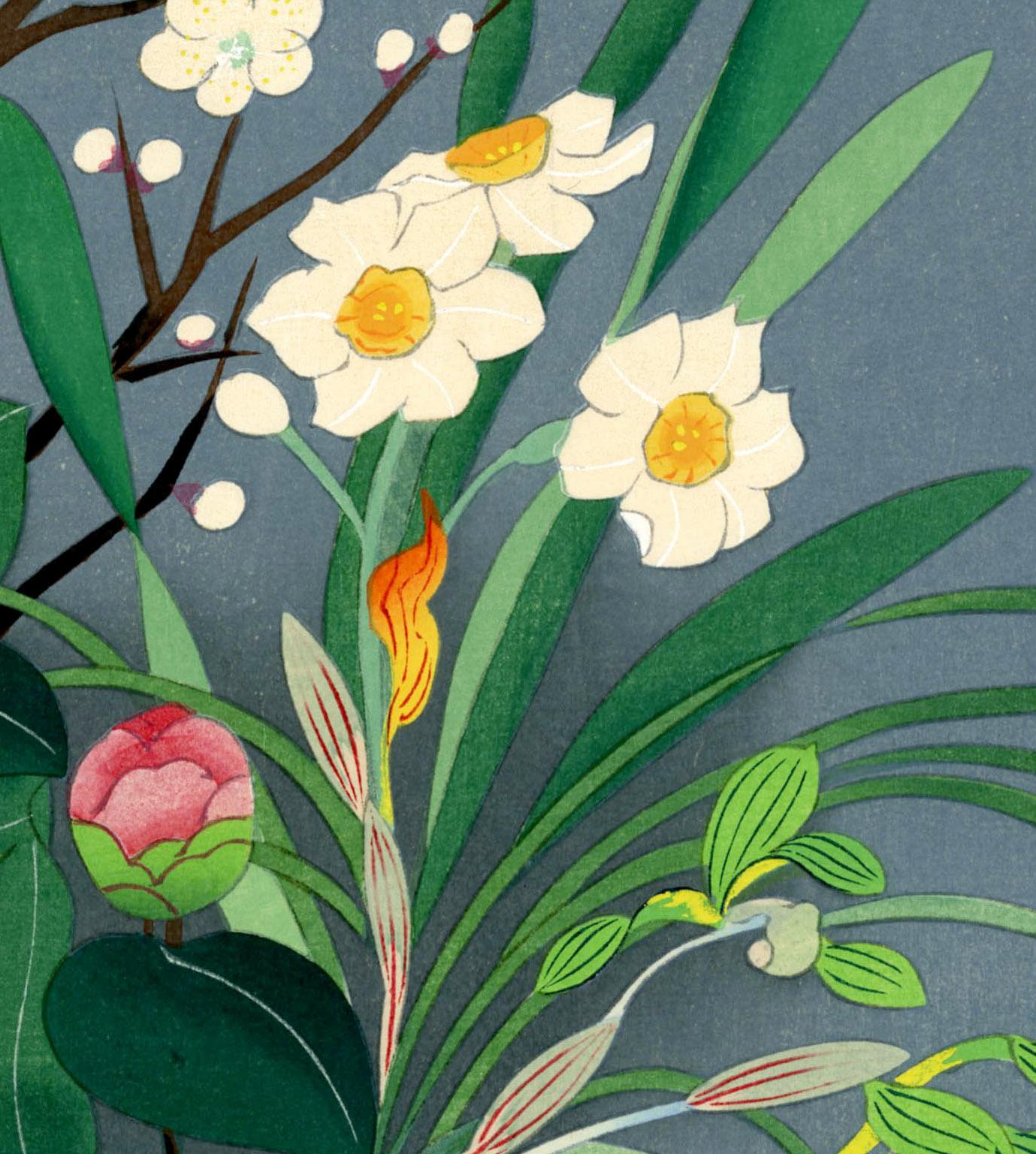 Flowers - Winter - Gray Still-Life Print by Bakufu Ono