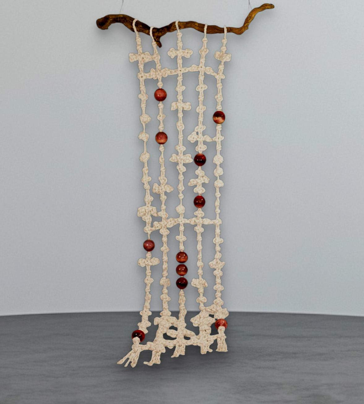 Bal, by Wknd Lab
Color: Ivory, red
Size: 98.4 x 15.7 x 5.2 in.
Material: Cotton and Copper
Usage: Tapestry
Weight: 11 kg

Bal is a tapestry crafted from traditional Korean knots of cotton ropes and adorned with the Chil-bo (cloisonné) technique, a