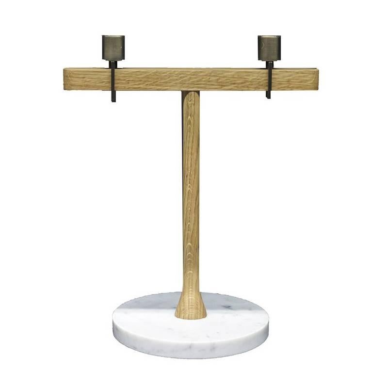 Balance 1 Candleholder in White Carrara Marble, Oak and Brass by Neri & Hu