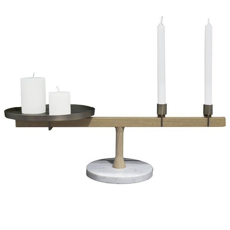 Balance 2 Candleholder in White Carrara Marble, Oak and Brass by Neri & Hu For Sale