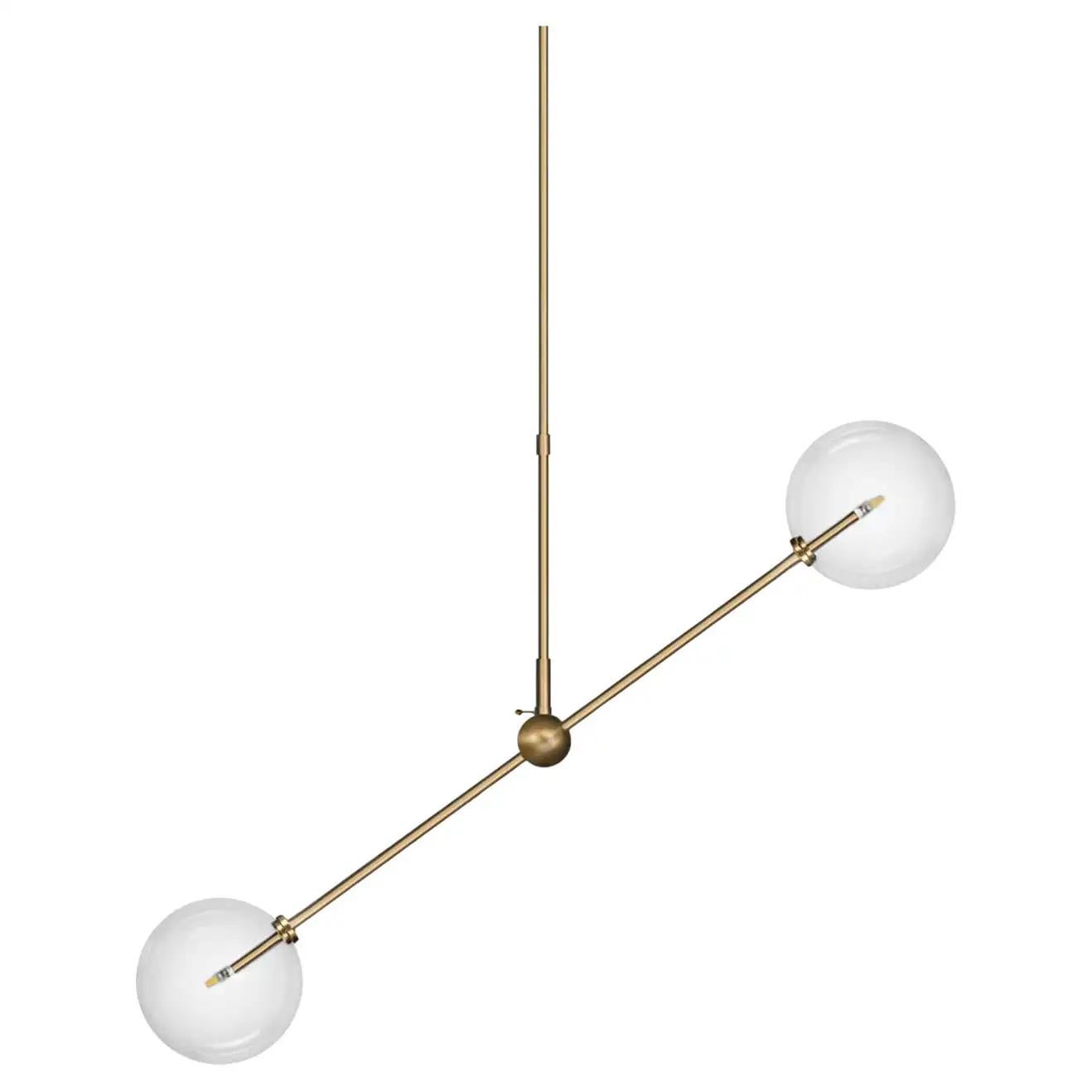 Brass 150 x 150 contemporary chandelier by Schwung.
Dimensions: D 15 x W 90.4 x H 163.3 cm.
Materials: solid brass, hand-blown glass globes.
Finish: natural brass. 
Available in finishes: black gunmetal or polished nickel. Also available in