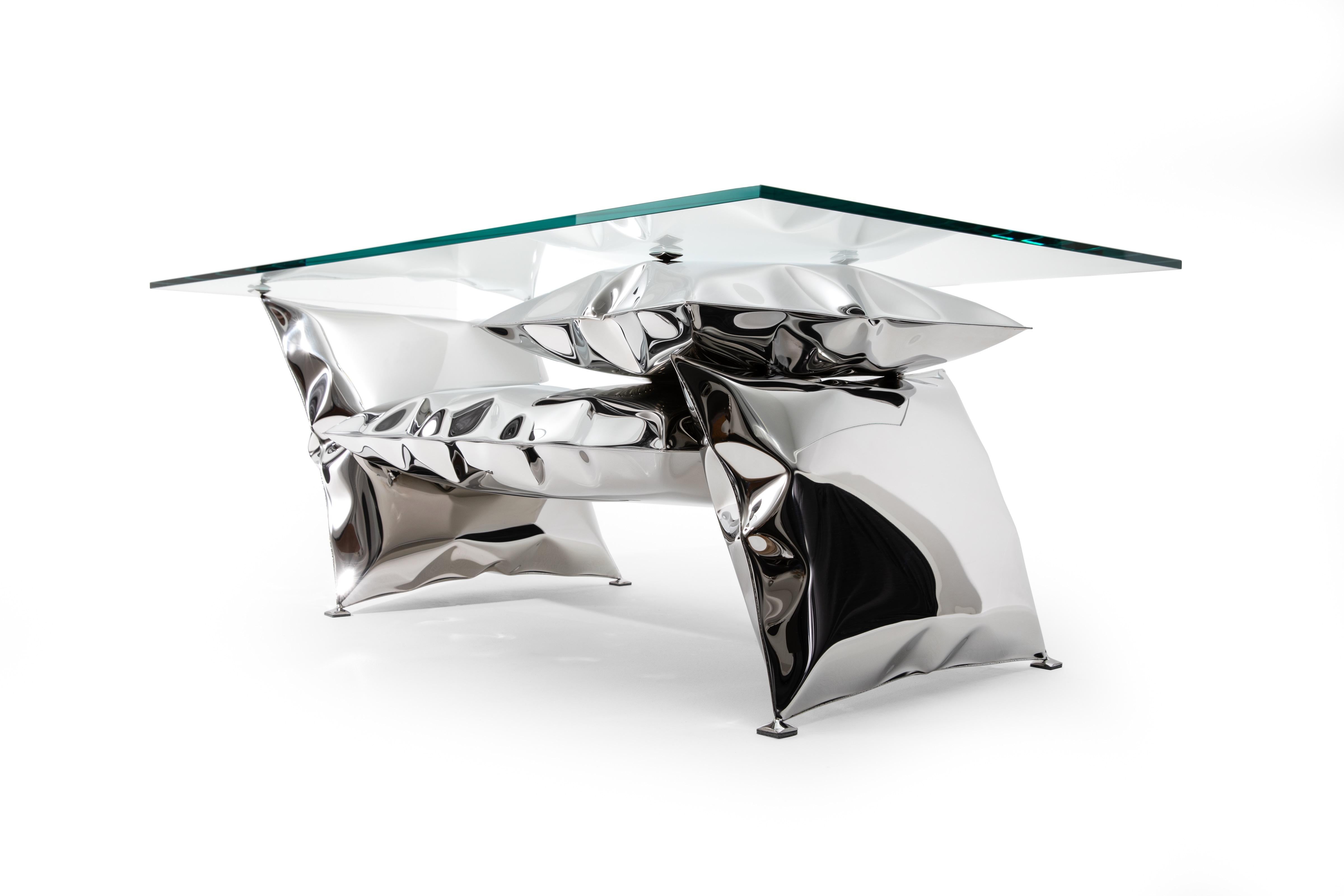 Post-Modern 'Balance' inflated metal coffee table, stainless steel and glass For Sale