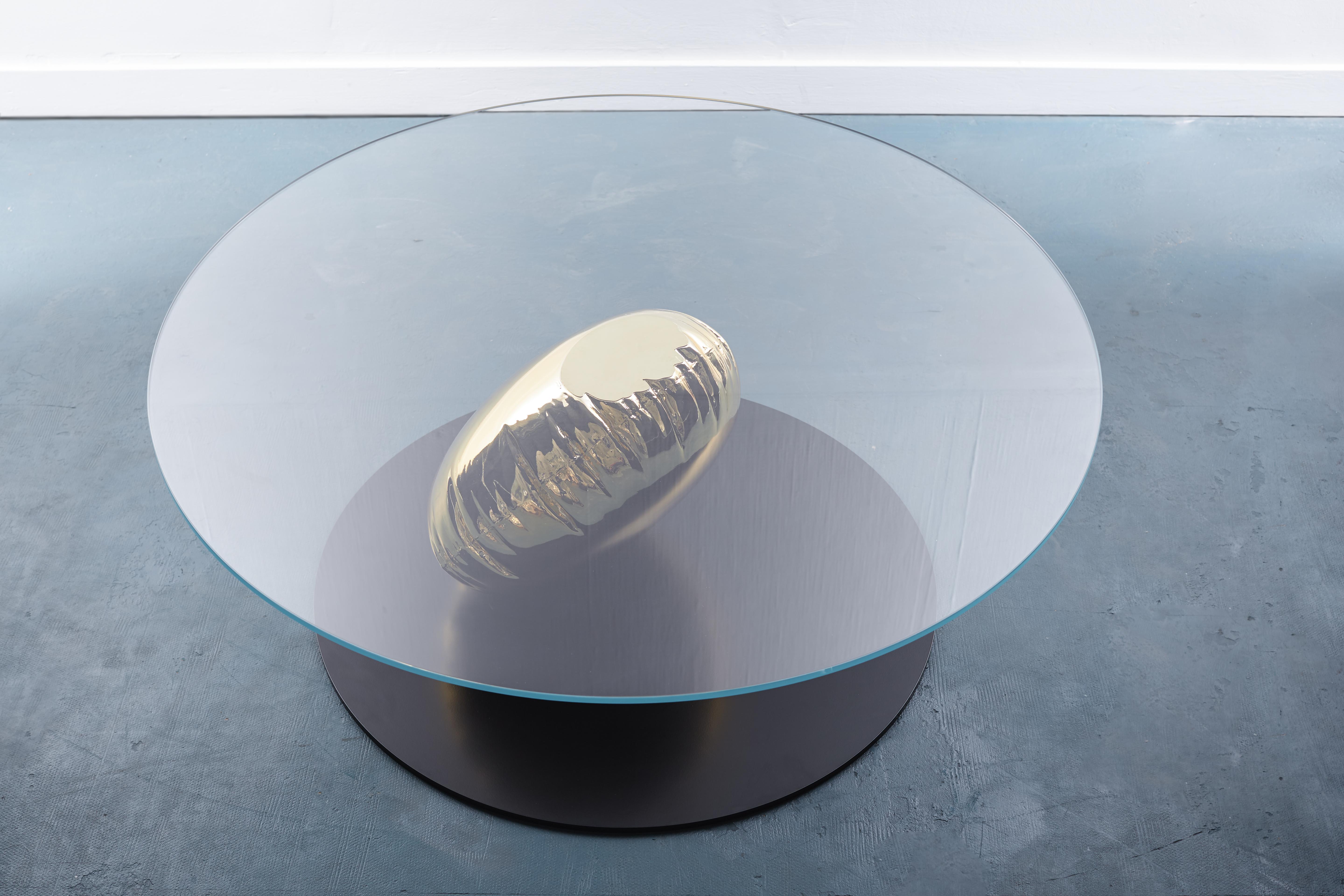 British Glass Coffee Table with Gold Balloon For Sale