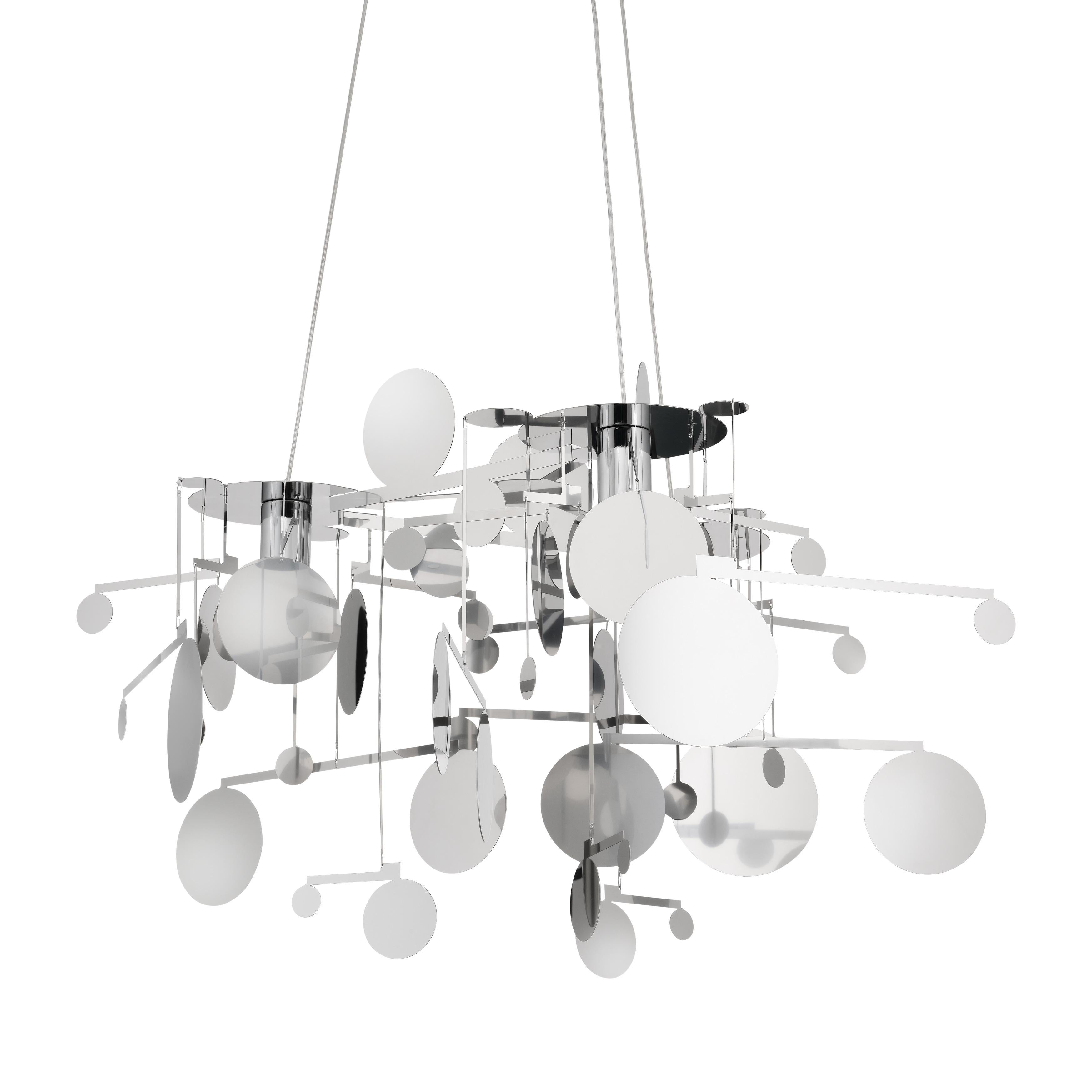 Polished BALANCE: Contemporary Stainless Steel Chandelier with three light points. For Sale
