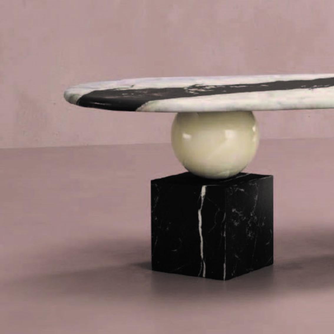 Balance dining table by Pilar Zeta
Materials: Marble, onyx, metal.
Dimensions: W 200 x D 100 x H 76 cm.
Weight: 450 kg.

Marble and onyx dinner table in black, white and green. Marble, onyx and metal structure.

Argentinian-born artist Pilar Zeta