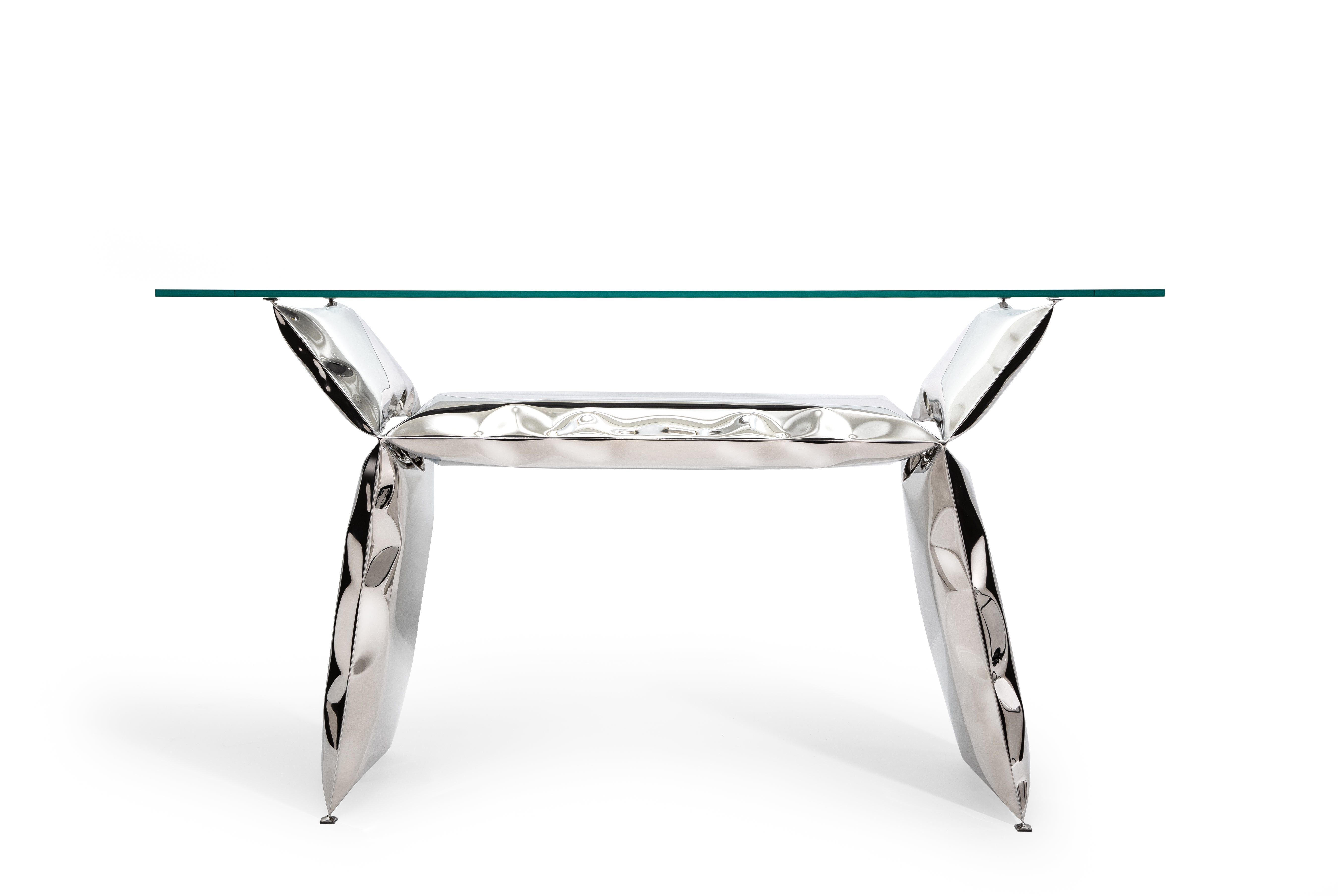 Inflated metal console table. Highly mirror polished stainless steel and 12mm toughened glass with polished edges.  Each table is formed using our metal inflation process, resulting in a unique and individual form, with each table differing from the