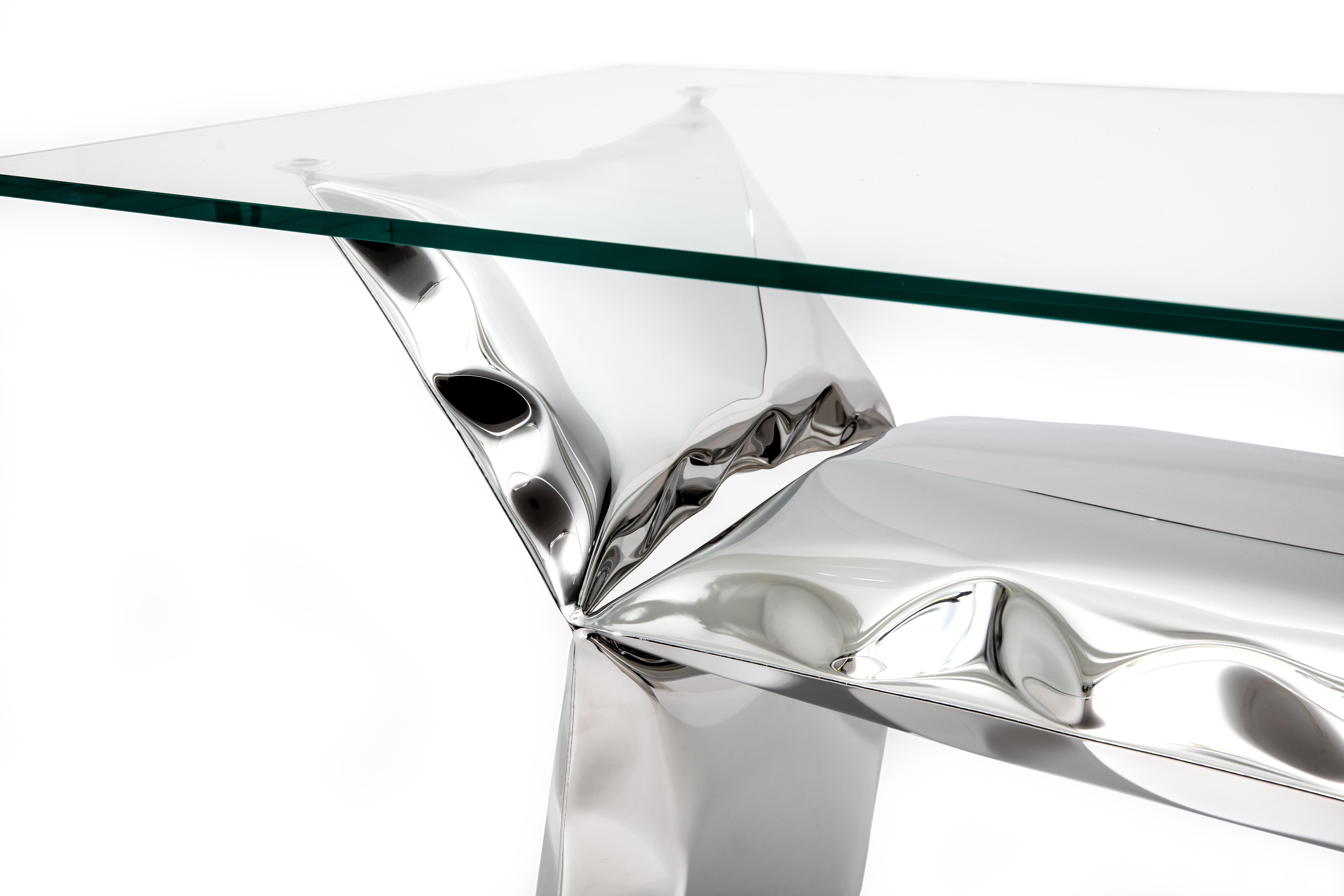 Post-Modern 'Balance' inflated metal console table, stainless steel and glass For Sale