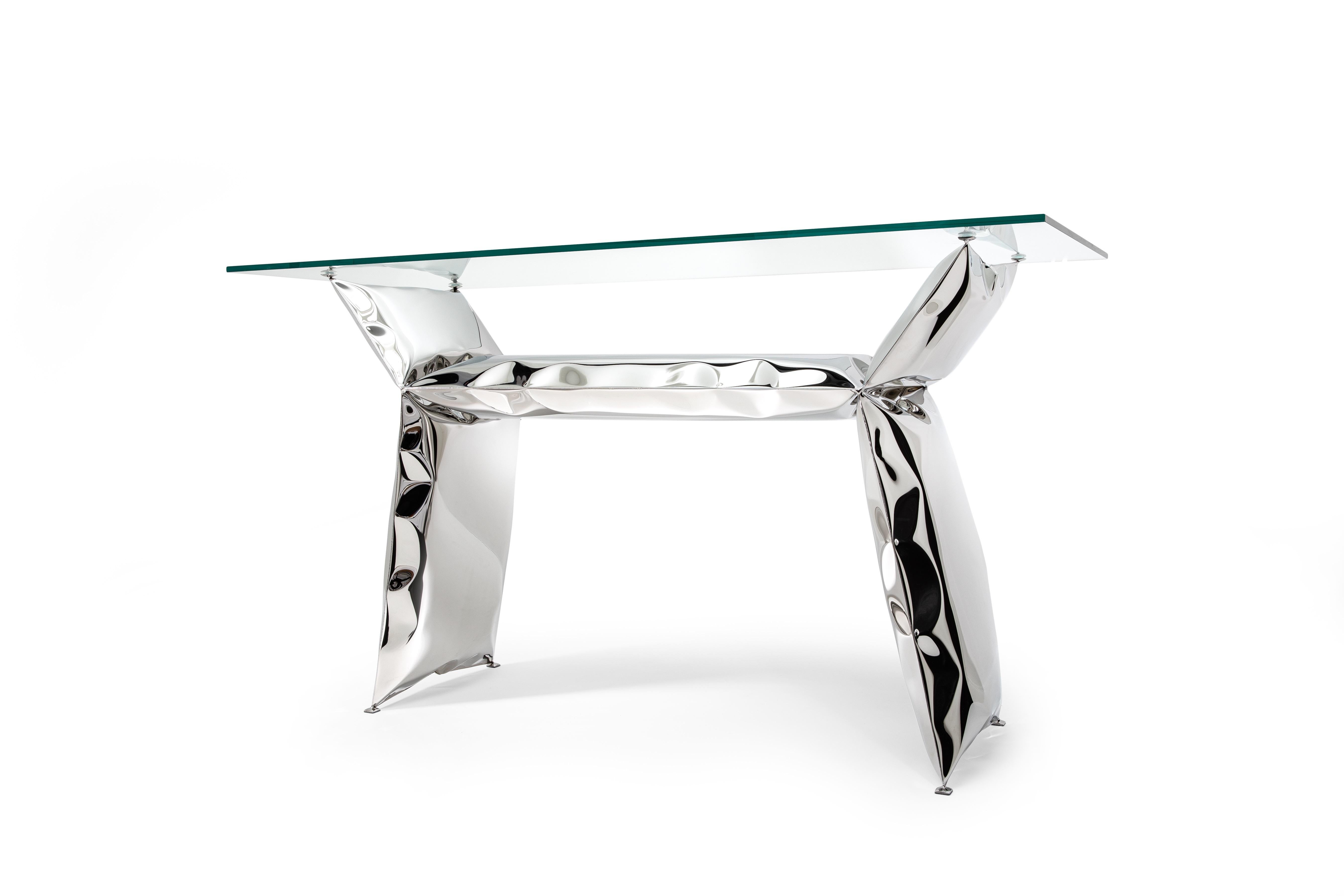 Polished 'Balance' inflated metal console table, stainless steel and glass For Sale
