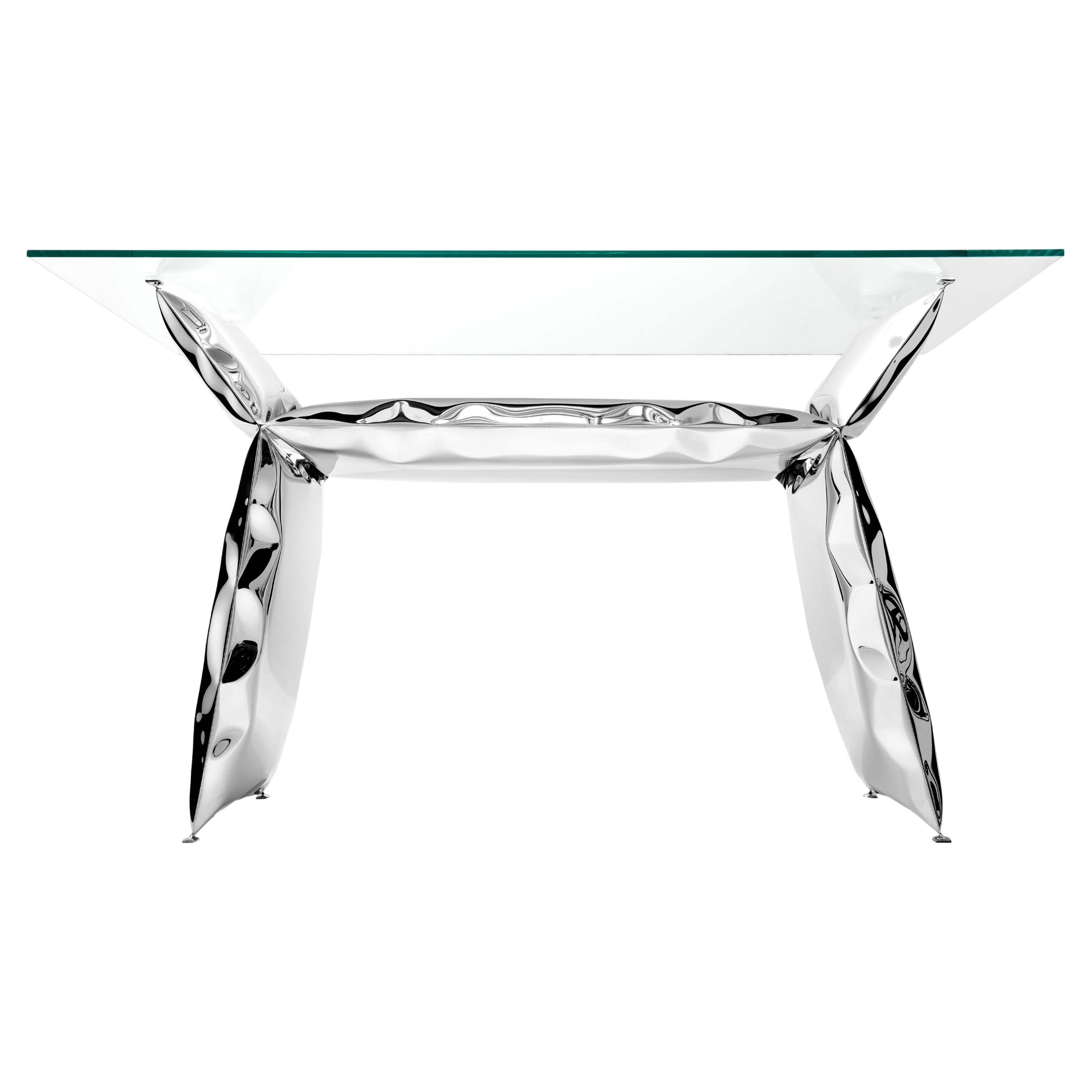 'Balance' inflated metal console table, stainless steel and glass For Sale