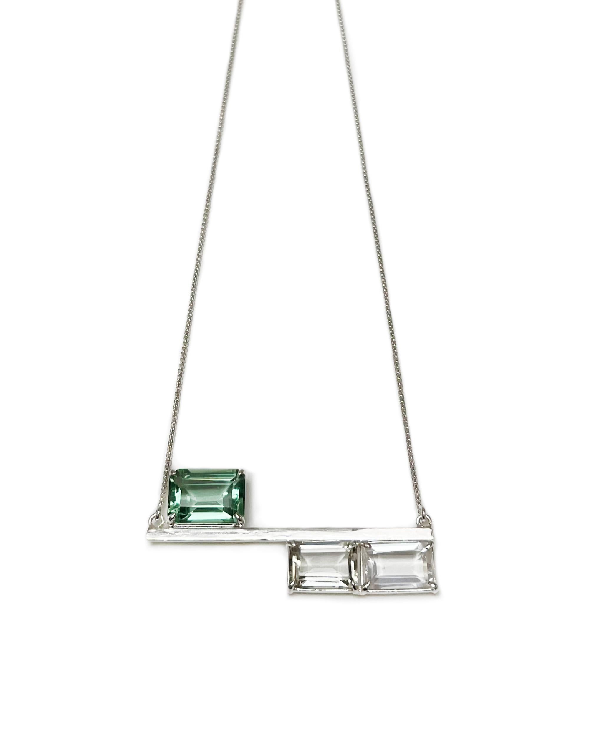 Contemporary Balance Necklace in Green Quartz, Prasiolite, White Topaz and Sterling Silver For Sale