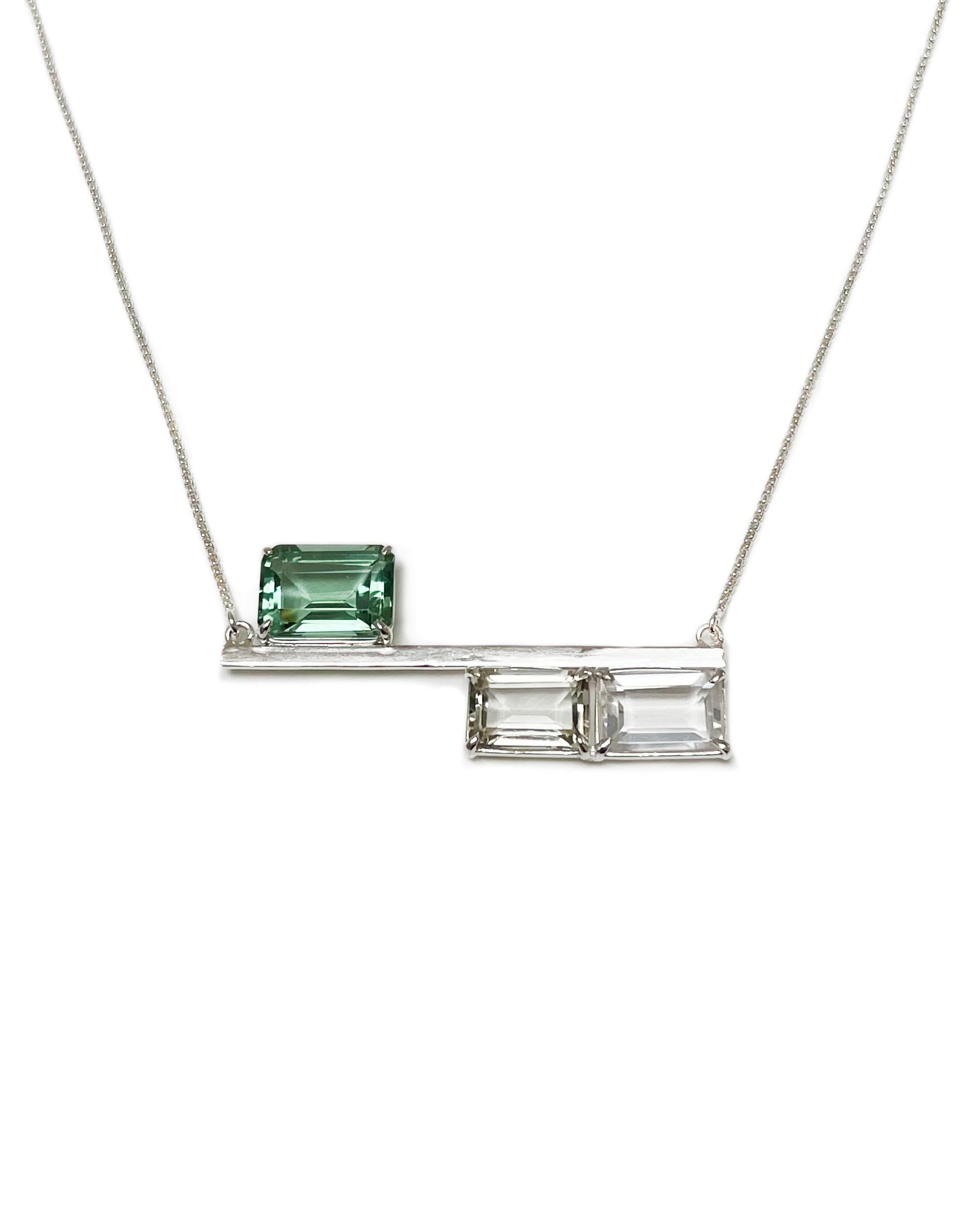 Emerald Cut Balance Necklace in Green Quartz, Prasiolite, White Topaz and Sterling Silver For Sale