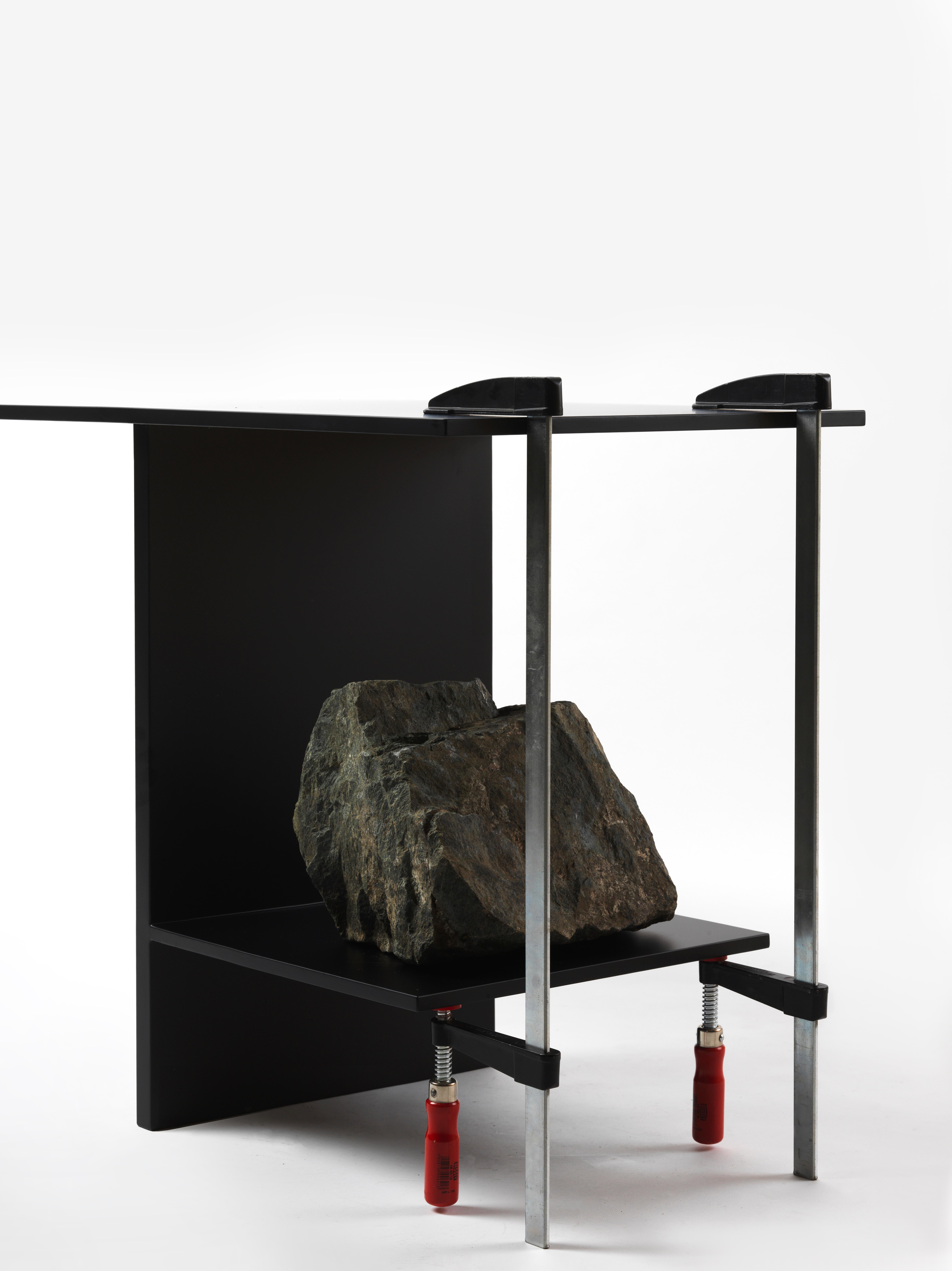 Balance table by Lee Sisan
2019
Dimensions : W 130 x D 45 x H 65 cm
Materials : Powder Coated Steel, Natural Stone

Each piece is made to order and uses natural stones, so please expect some variability in design.

The clamp, the iron plate,