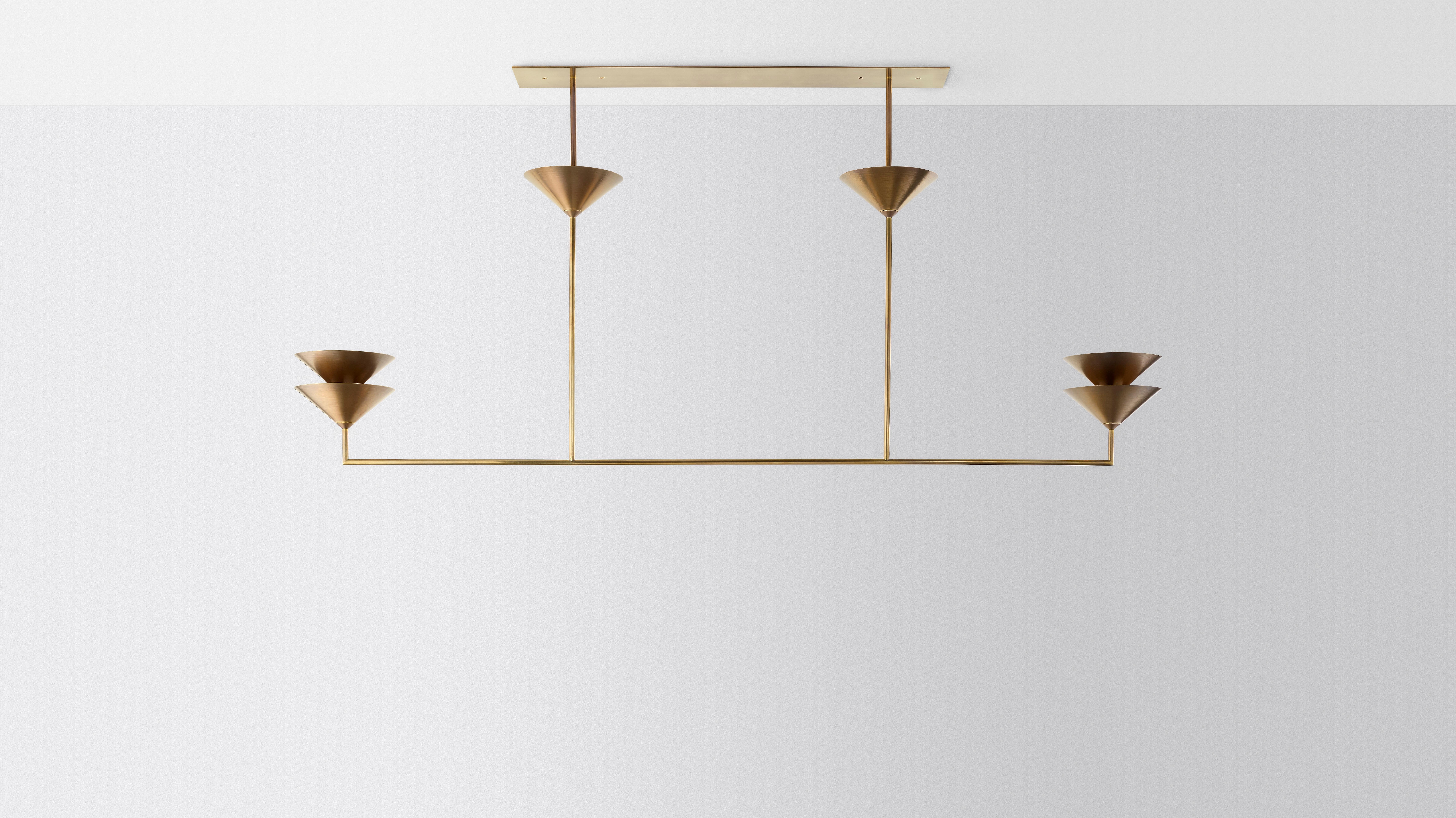 Balanced stack by Volker Haug
Pyramid Scheme series
Dimensions: W 182, D 21, H 70 cm
Support: 90 cm 
Suspension: minimum 70 cm
Material: Brass
Finishes: Polished, Brushed or Bronzed Brass; Enamel or Chrome
Plated. Custom finishes available on