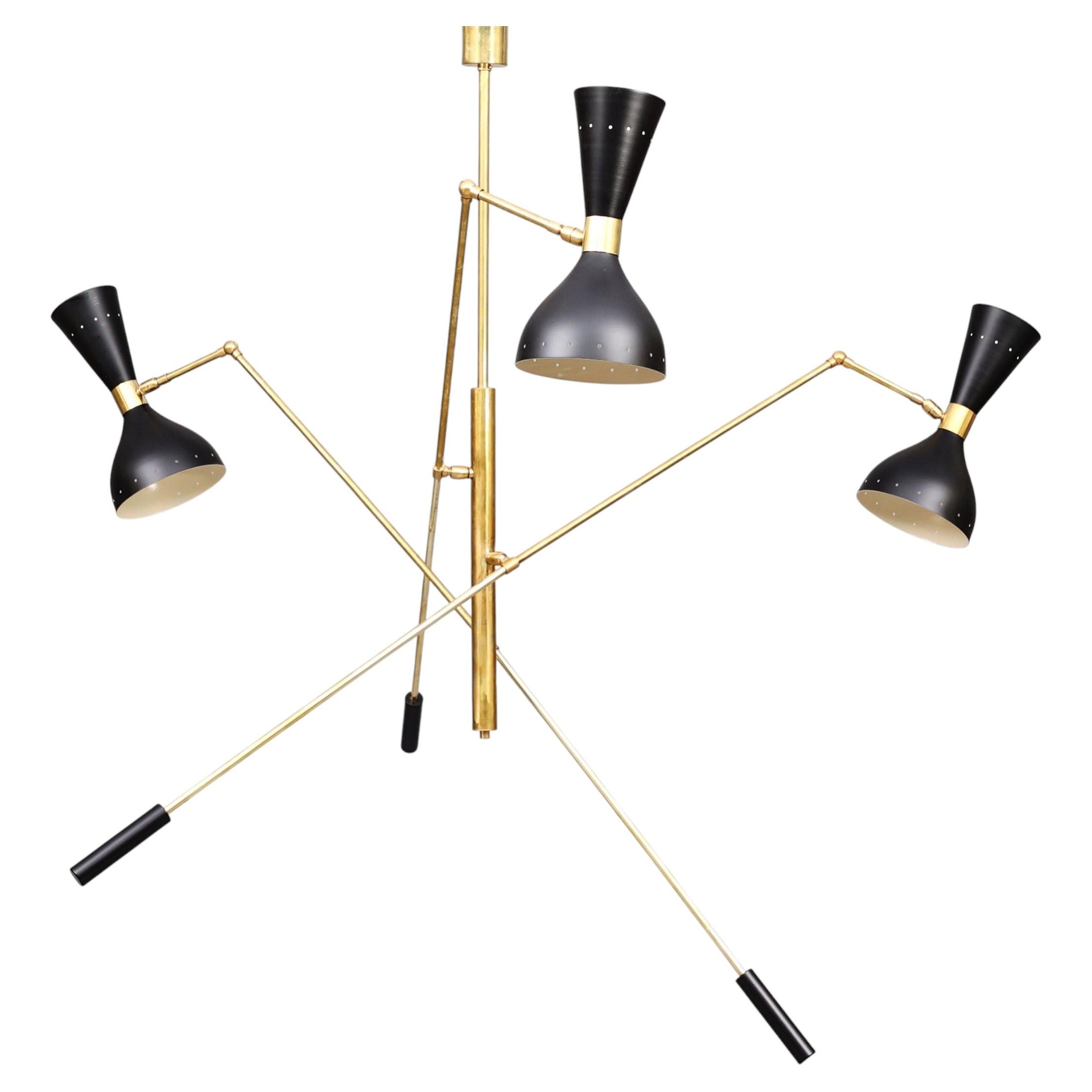 Balanced Triennale‑Style Brass Chandelier with Three Arms and Double Lights For Sale