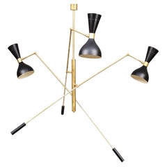 Balanced Triennale‑Style Brass Chandelier with Three Arms and Double Lights