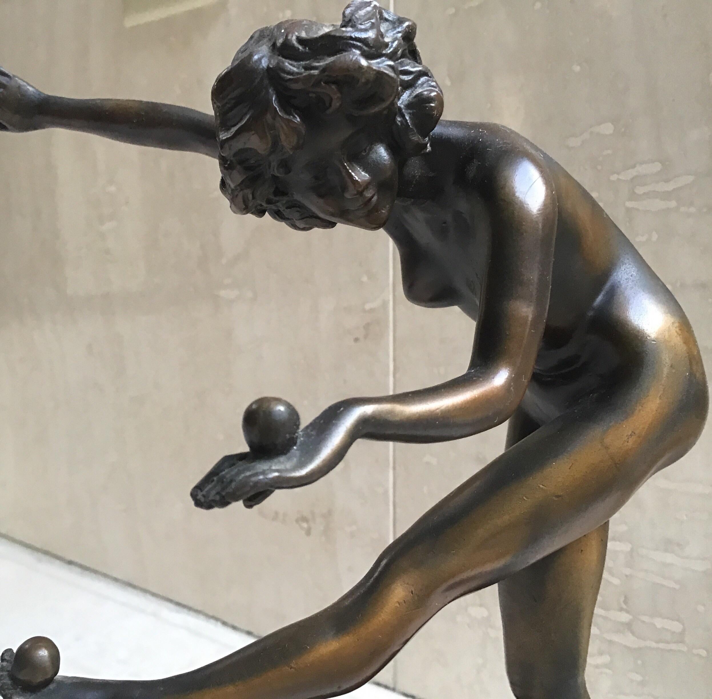 Balancing Ball Girl Bronze Sculpture In Good Condition For Sale In Douglas Manor, NY
