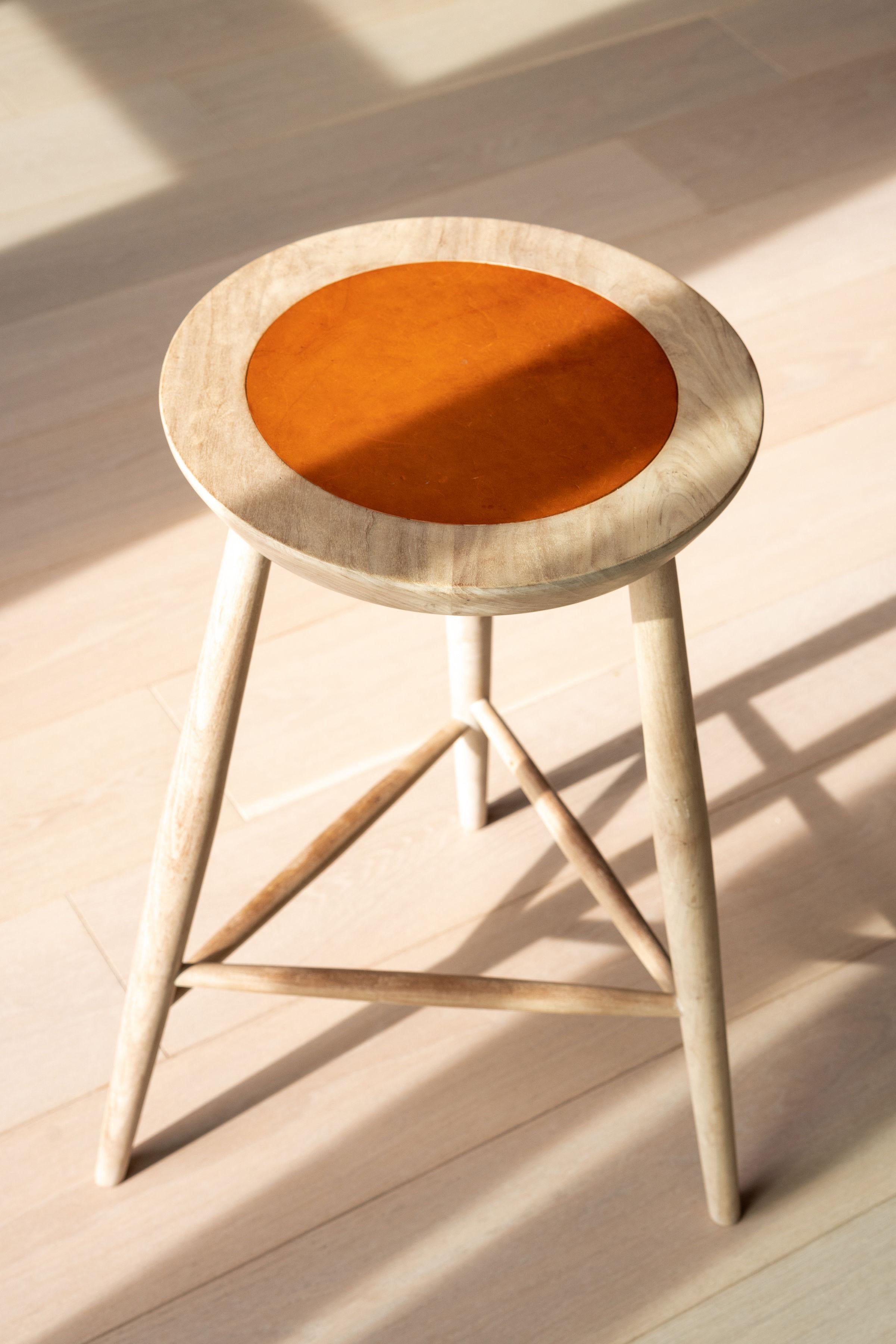 American Balboa Counter Stool Modern Style in Bleached Cherry with Leather Inlay For Sale