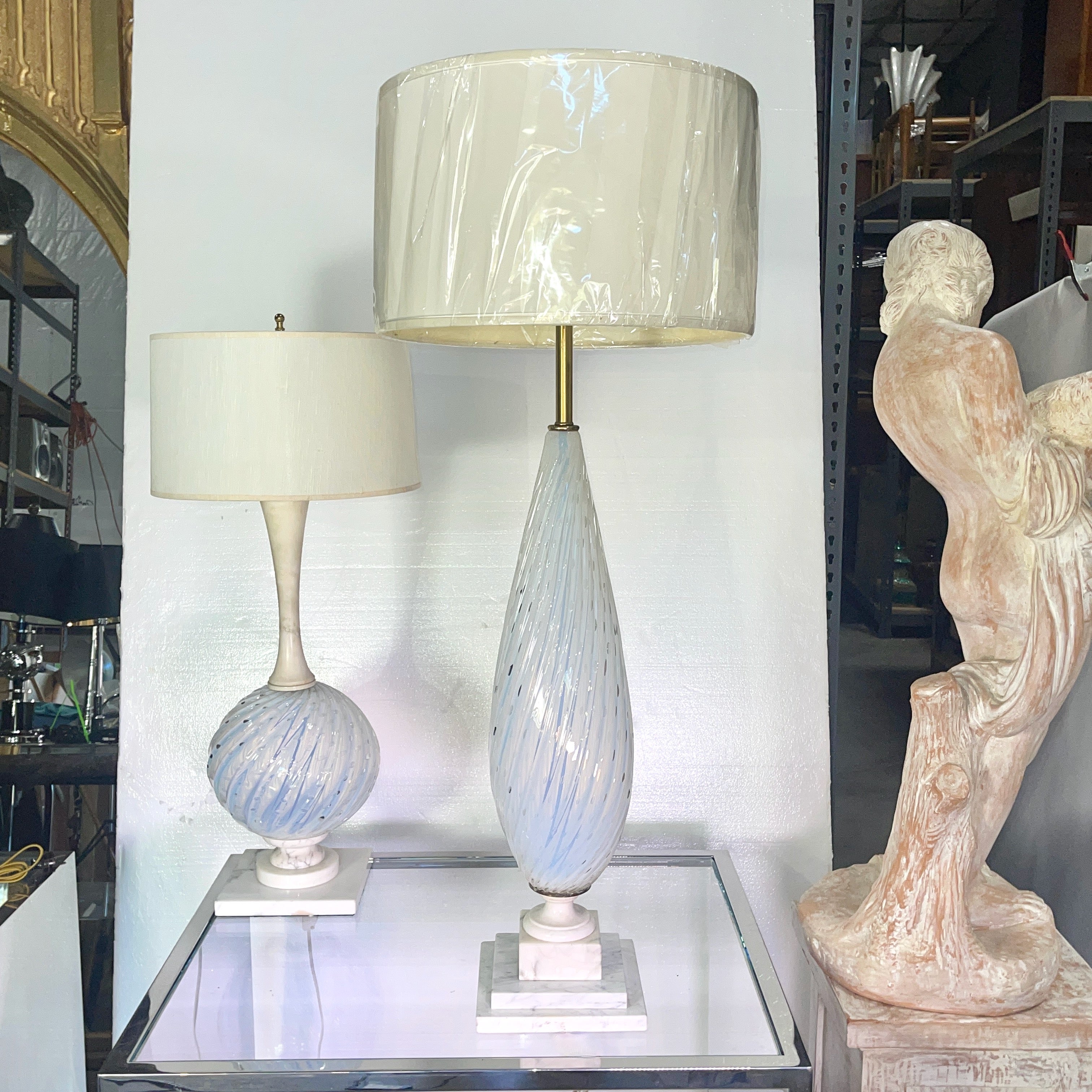 Vintage 1950's Balboa Murano bullicante controlled bubble opalescent glass table lamp on step tiered white alabaster base.
8 inches by 8 inches square base.
Base to top of glass 27 inches high.
Base to top of shade 41 inches high.
Diameter of glass