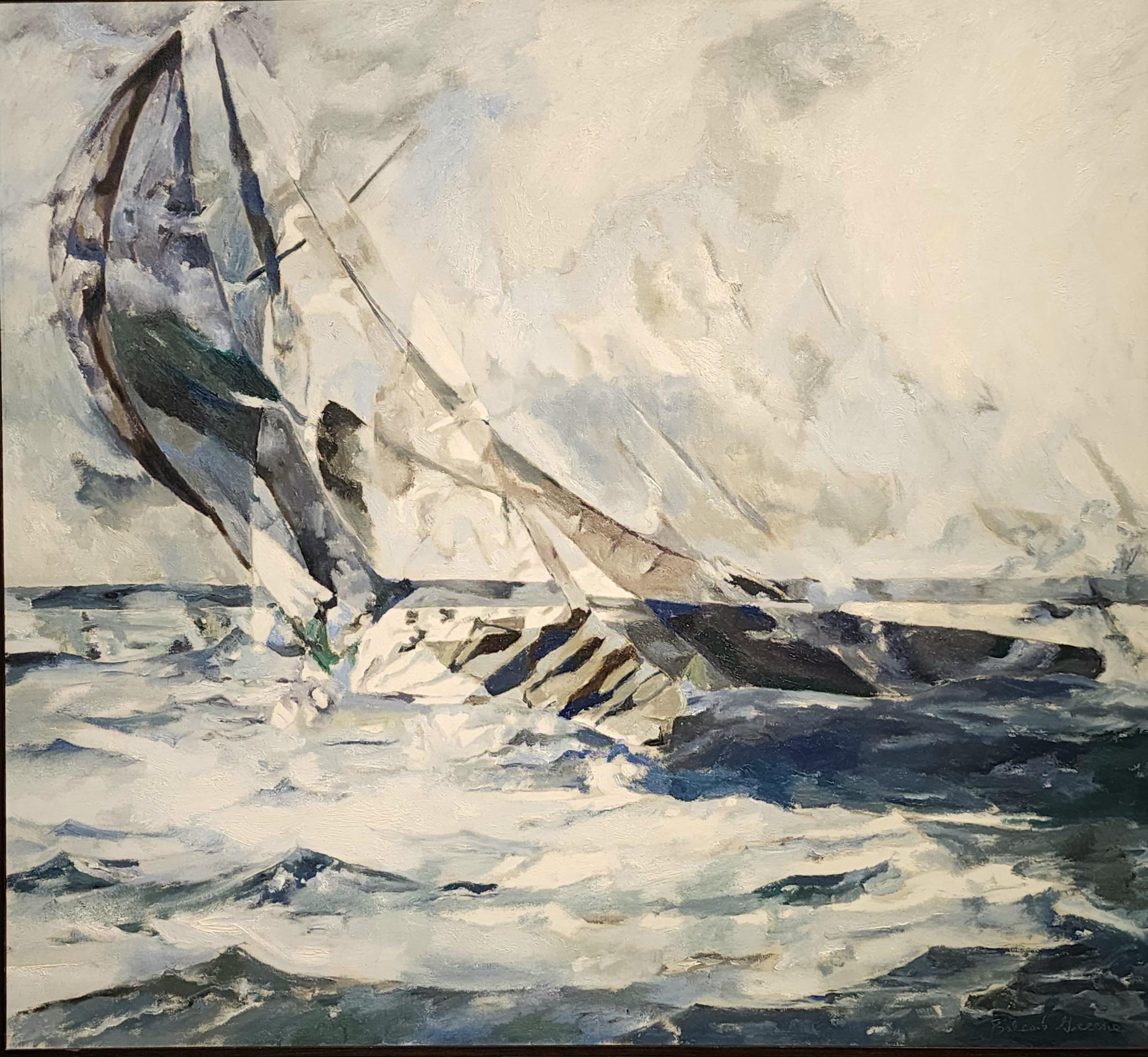 The Squall by Balcomb Greene painted in 1963. Signed on the front titled and dated on the reverse.
Paintings of ships by Balcomb Greene are few and far between. This painting likely created at his Studio in Montauk New York or possibly while
