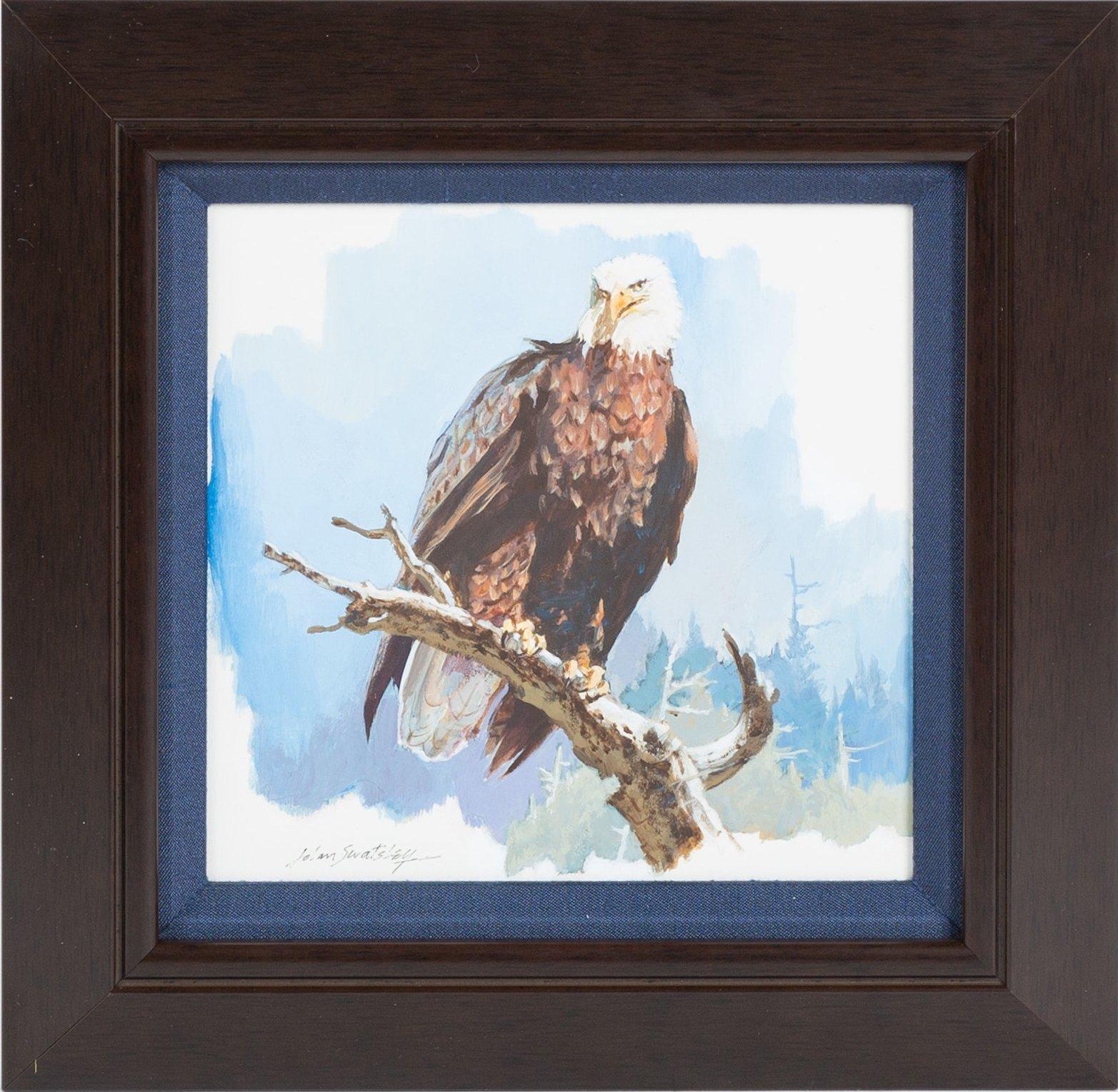This original acrylic painting on board titled Bald Eagle was created by John Swatsley. The painting is signed by the artist in the lower left corner and features a distinguished bald eagle perched on a branch looking below. Swatsley’s painting was