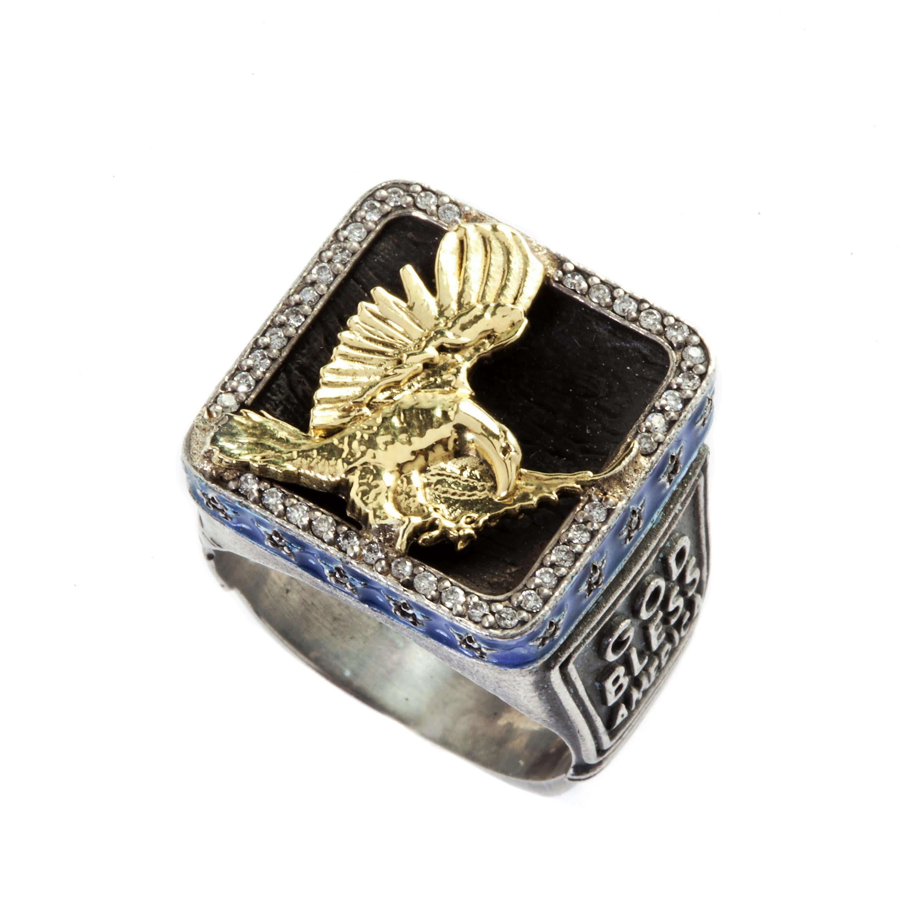 Women's or Men's Bald Eagle USA Ring Sterling Silver and Gold with Diamonds and Enamel Stambolian