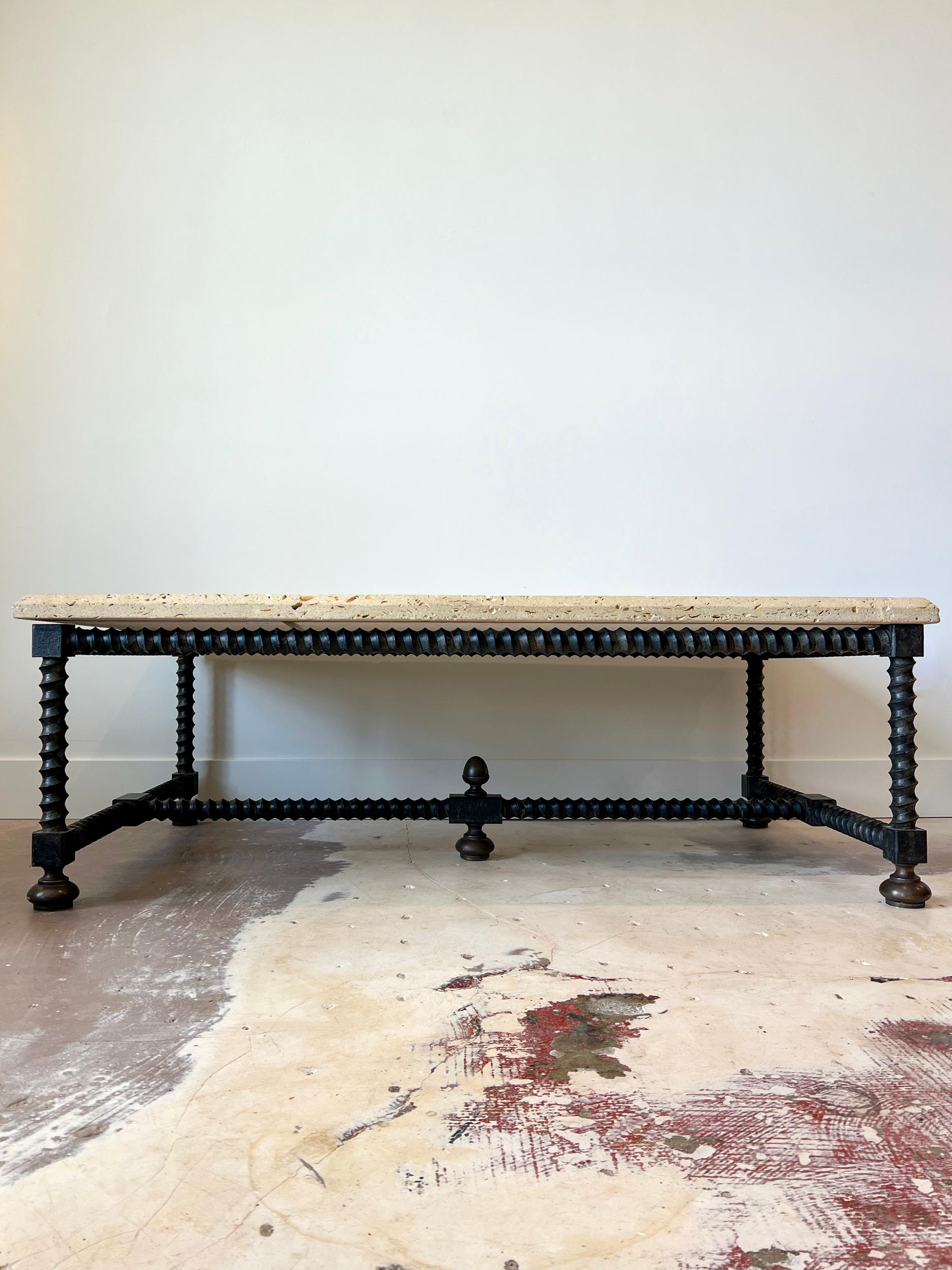 Organic Modern Baldacchino Coffee Table with Shell Stone Top and Iron Base by Formations