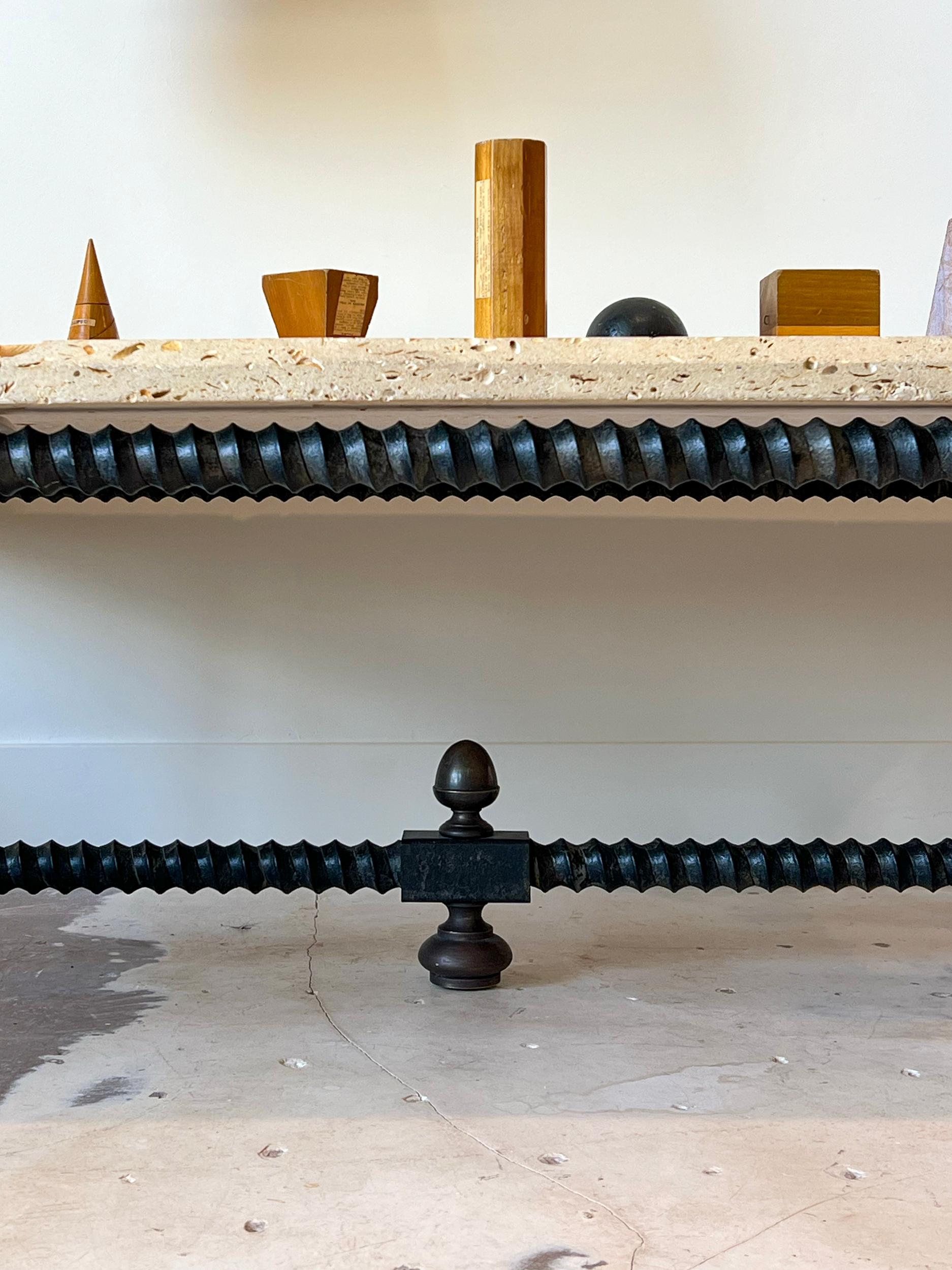 Cast Baldacchino Coffee Table with Shell Stone Top and Iron Base by Formations