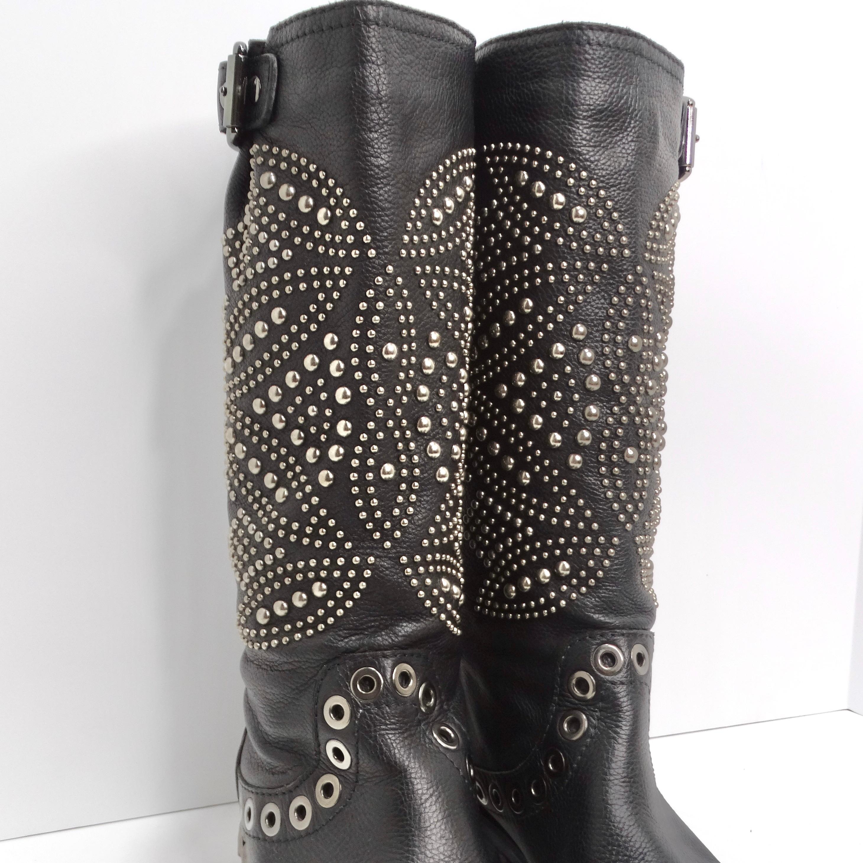 Baldan Black Leather Studded Moto Boots In Good Condition For Sale In Scottsdale, AZ