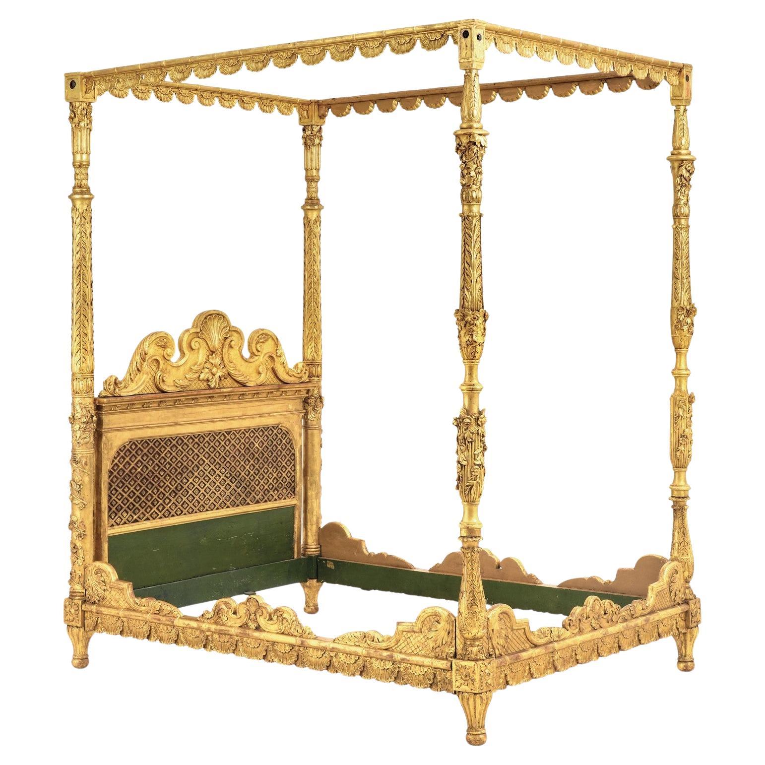Baldaquin - Large Four-poster Bed In Gilded Wood, Late 19th Century