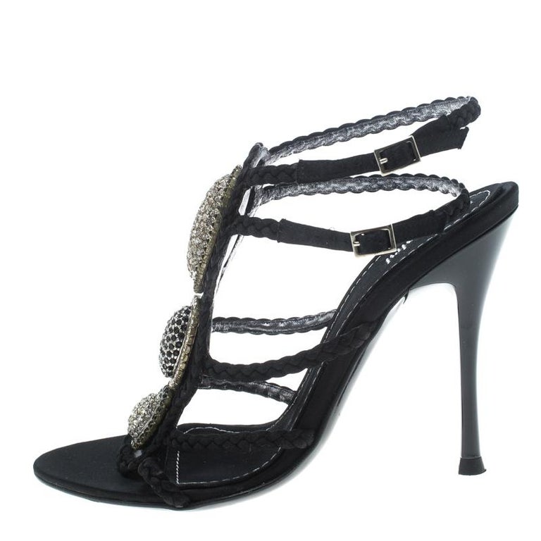 Baldinini Black Braided Satin Crystal Embellished Ankle Strap Sandals ...