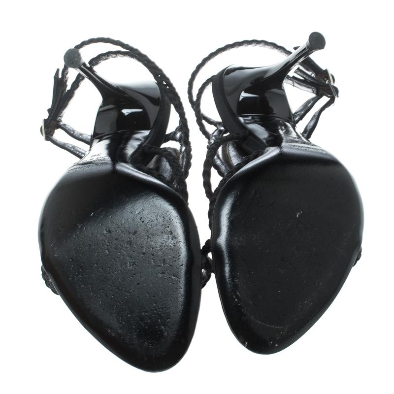 Baldinini Schwarze geflochtene Satin-Kristallverzierte Knöchelriemen-Sandalen Größe 36 2