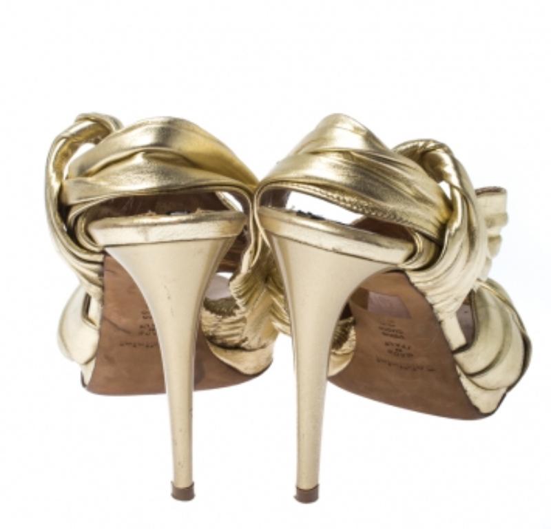 De las mujeres Baldinini Metallic Gold Leather Draped Peep Toe Sandals Size 38 en venta