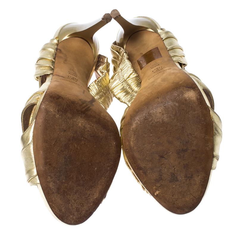 Baldinini Metallic Gold Leather Draped Peep Toe Sandals Size 38 For Sale 1