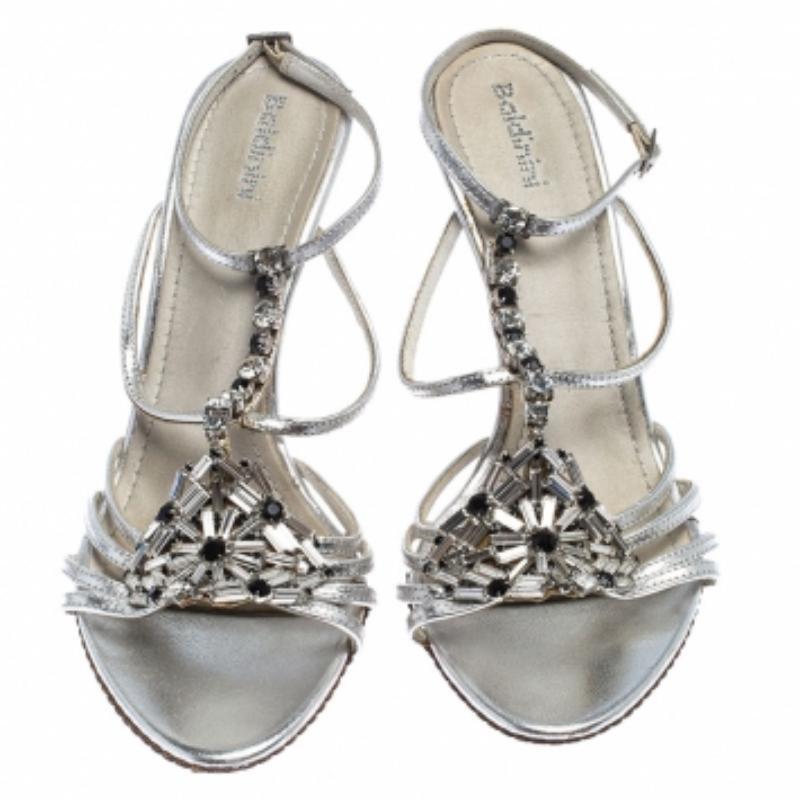 Baldinini Metallic Silver Leather Crystal Embellised Ankle Sandals Size 39 Plata en venta