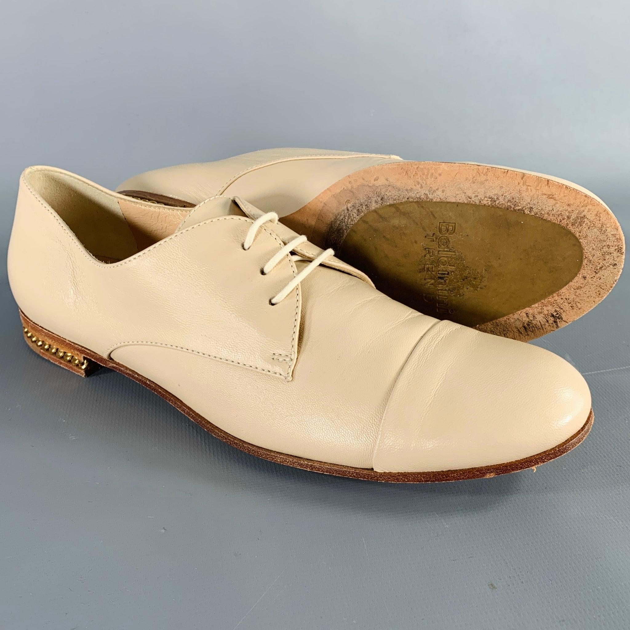BALDININI Size 7 Beige Leather Cap Toe Lace-Up Shoes For Sale 1