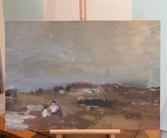 Children Playing by the River, Oil on Cardboard, Italian School, 1950s