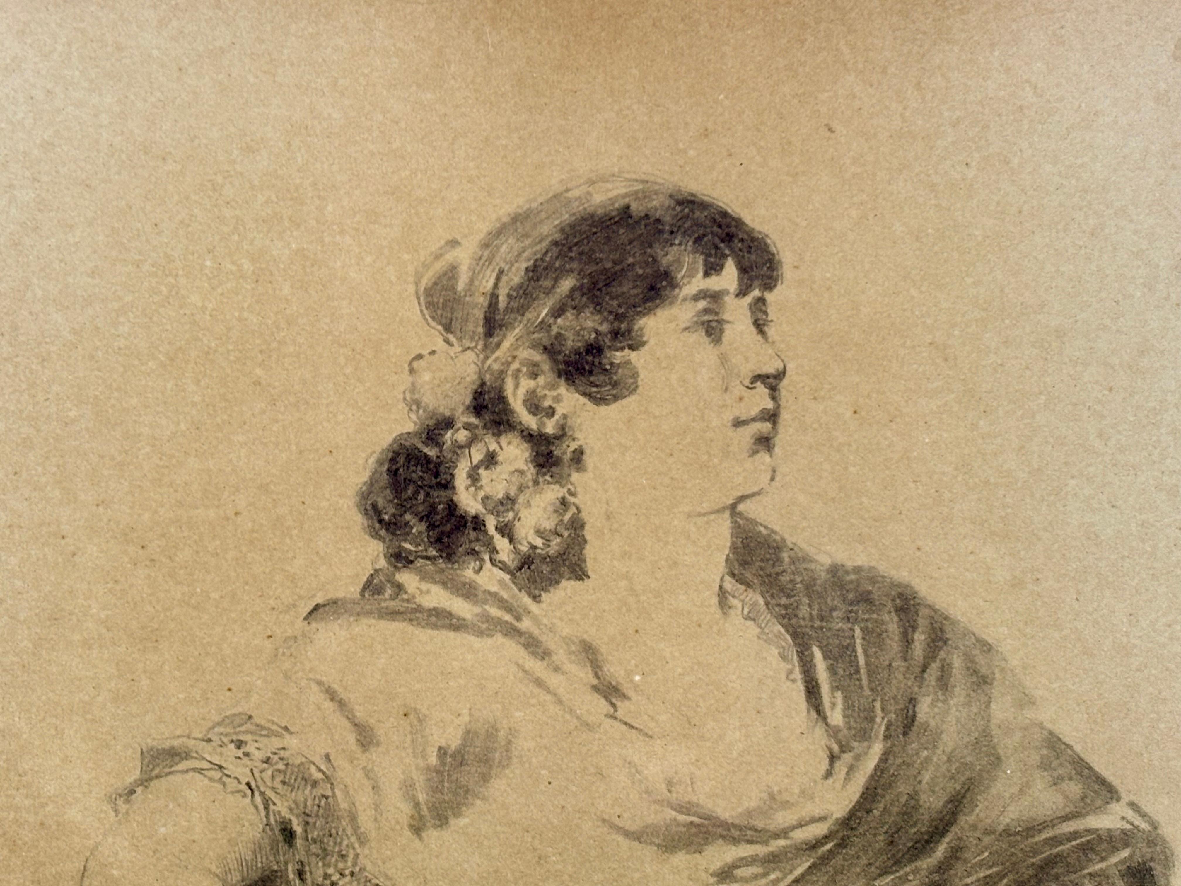 Dama con mantón - Brown Figurative Painting by Baldomero Galofre Jiménez