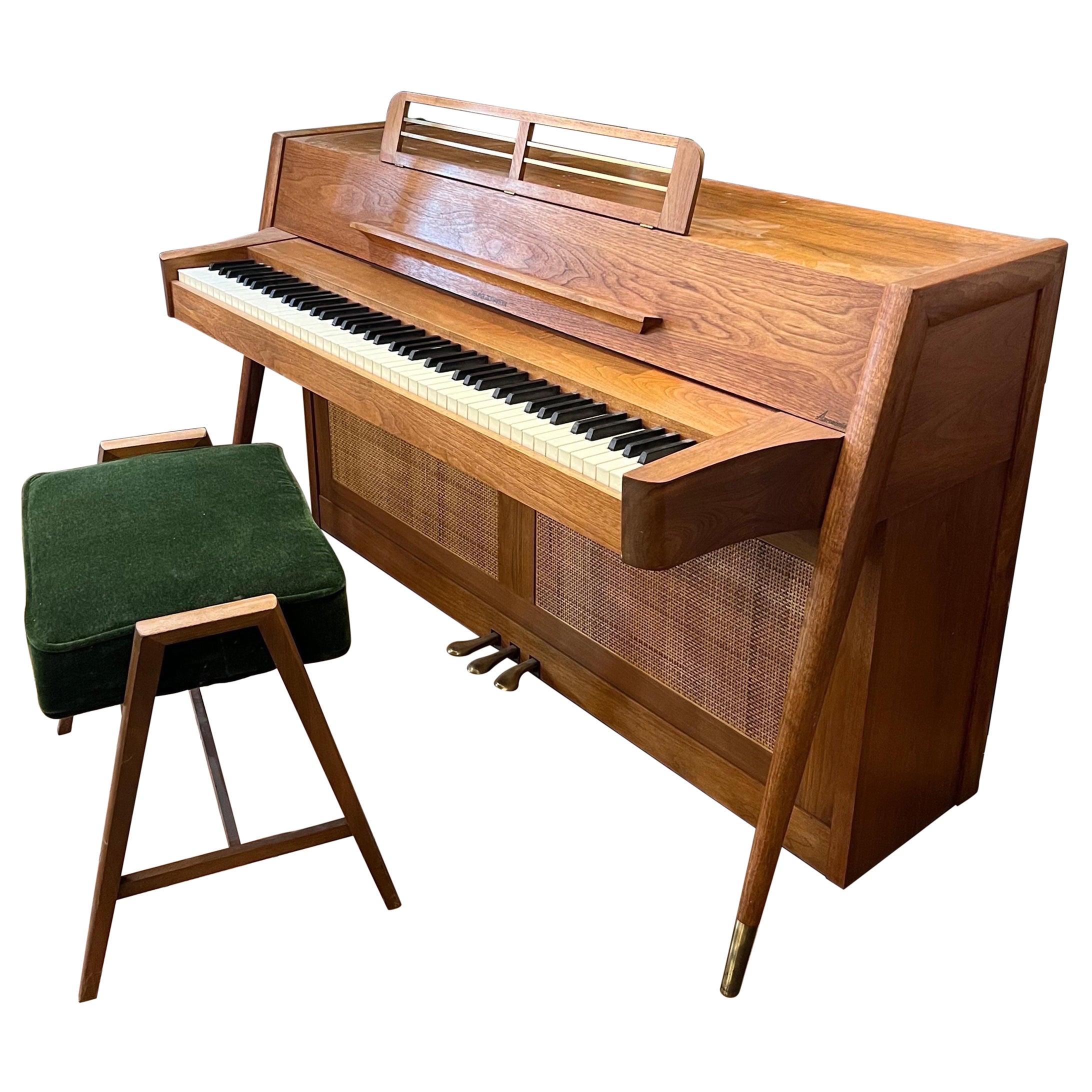 Baldwin acrosonic piano danish modern teak walnut cane mid century Scandinavian